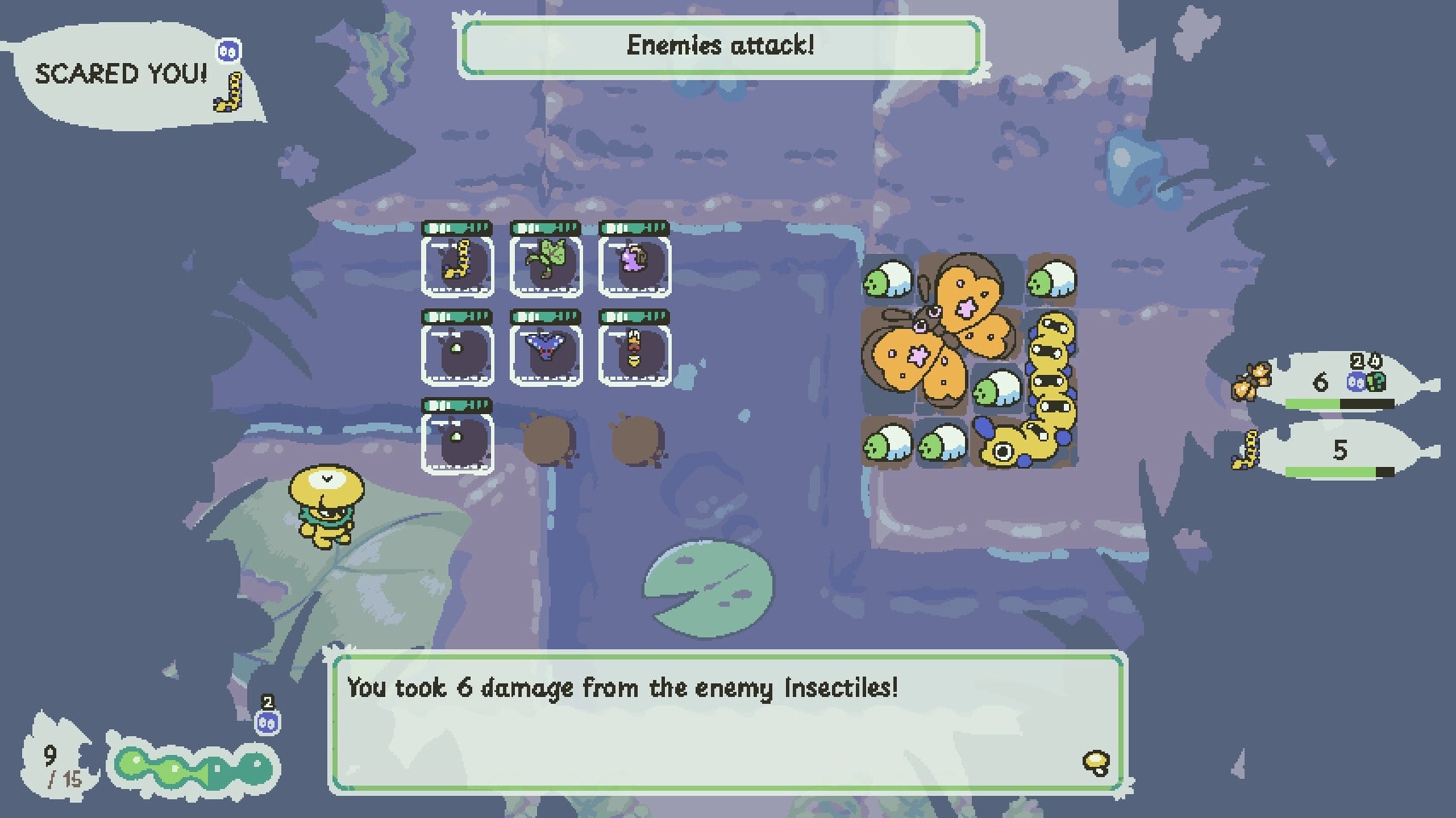 Insectile: Turn-based battle with mushroom character facing insect enemies in a forest setting.
