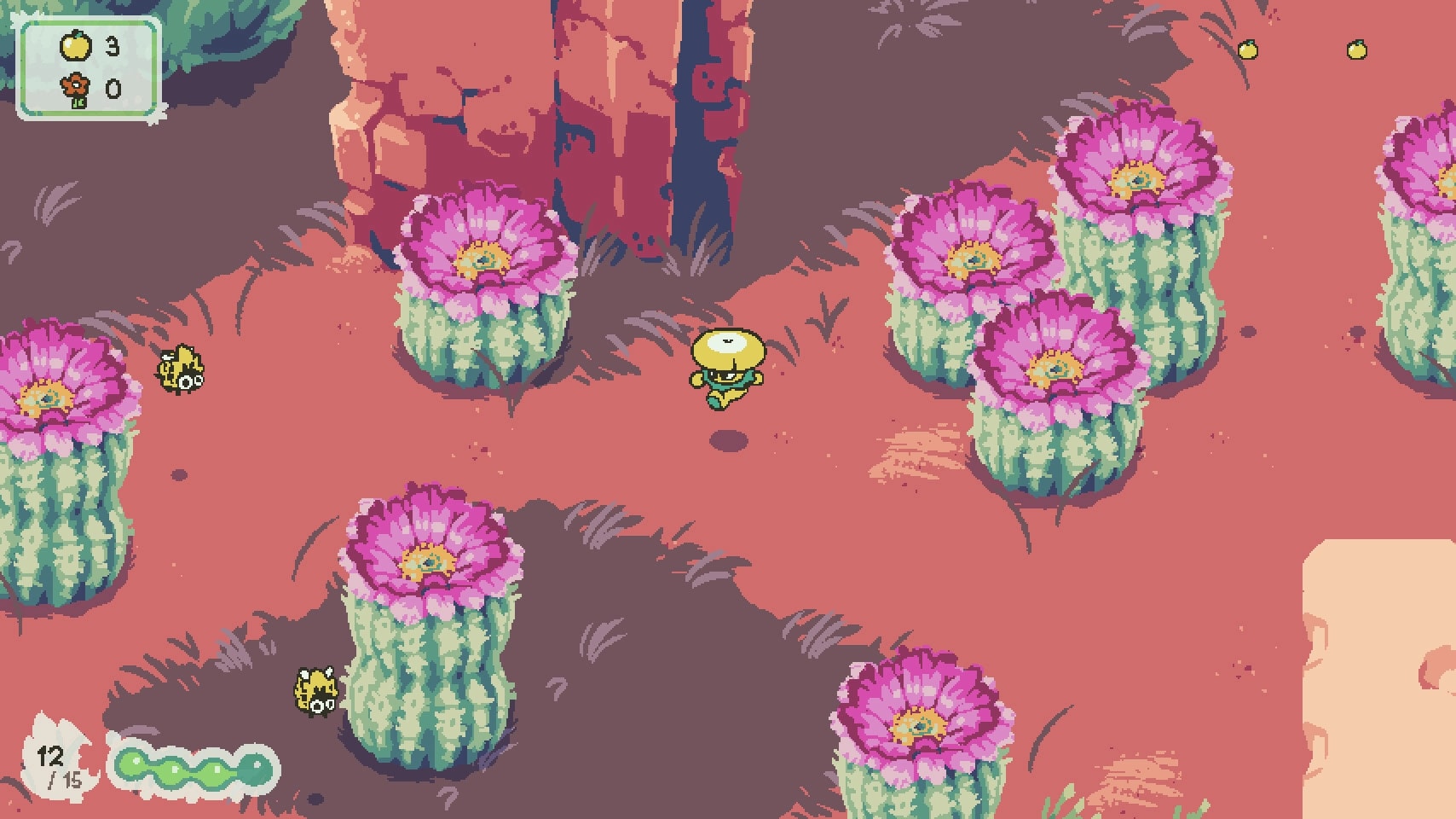 Insectile: Mushroom character navigates cactus-filled desert with bugs and inventory UI visible
