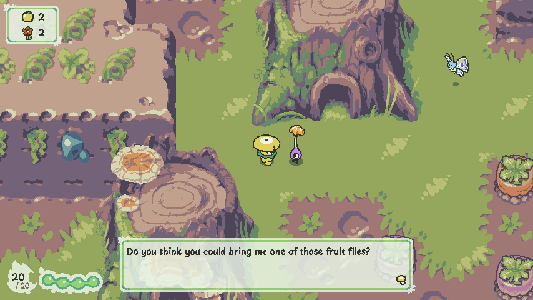 Insectile: Little mushroom character converses with plant creature in lush forest clearing, quest dialogue visible.
