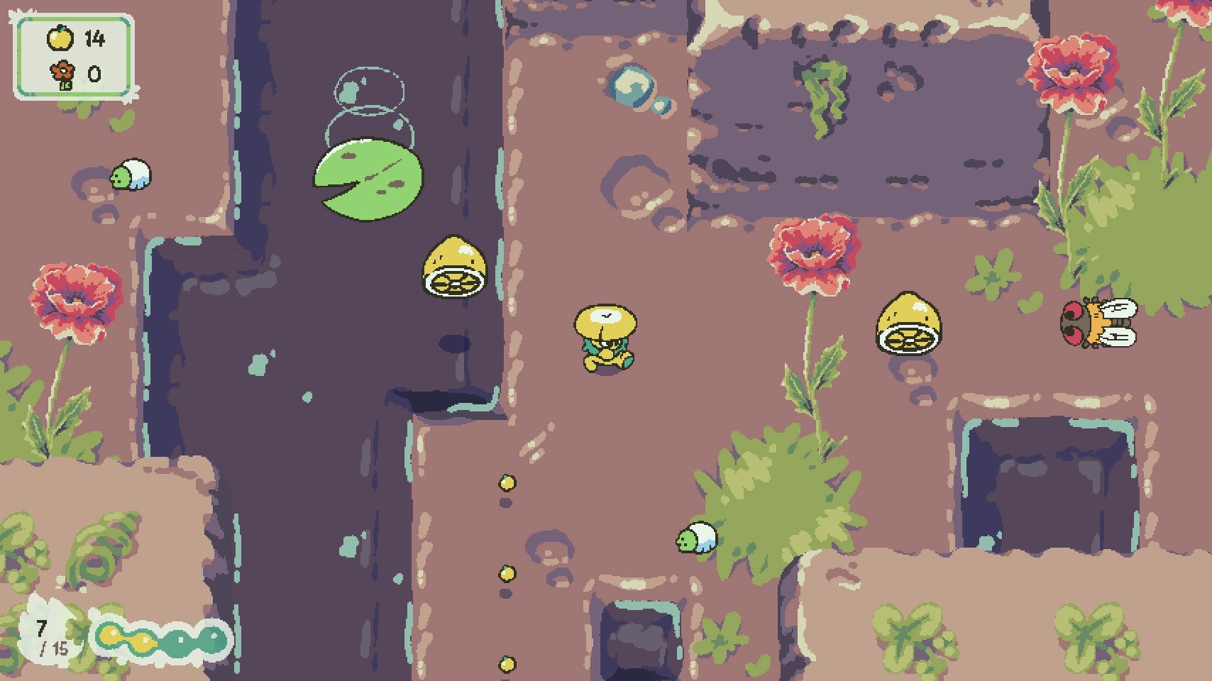 Insectile: Mushroom character navigates garden maze with collectibles, surrounded by vibrant flowers