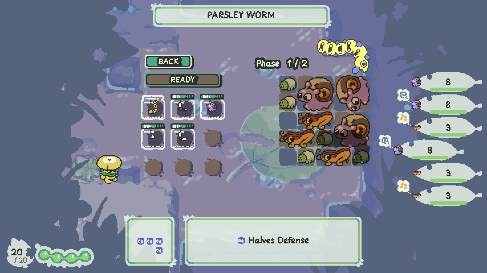 Insectile: Turn-based battle screen with mushroom character facing multiple insect enemies on leafy terrain
