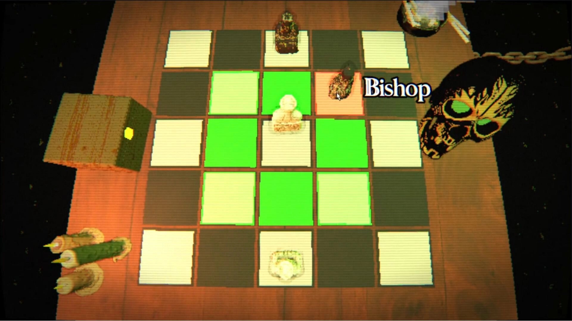 INTERRED: Bishop piece highlighted on a 5x5 grid board, with chest and skull on the table edge.
