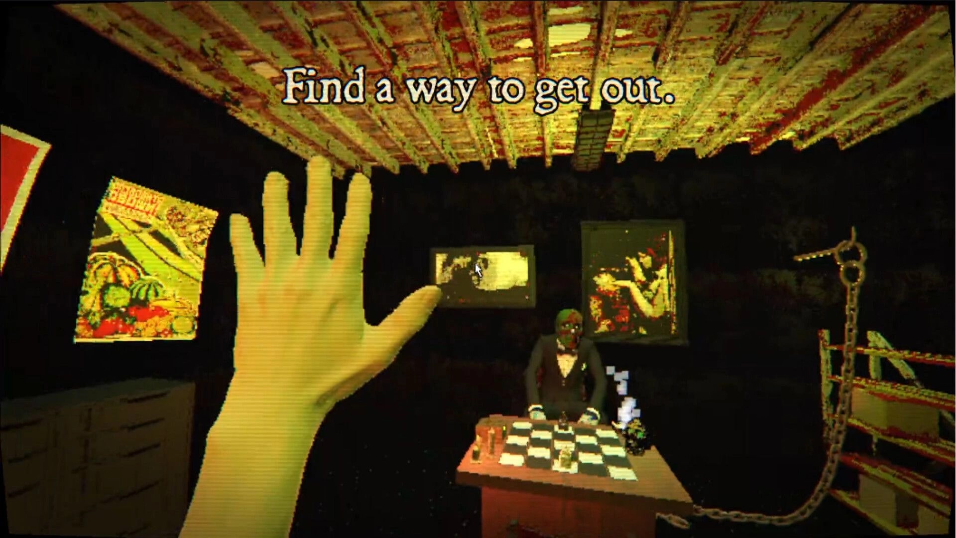 INTERRED: Raised hand faces masked opponent over checkered board in dark room, prompt reads Find a way to get out.
