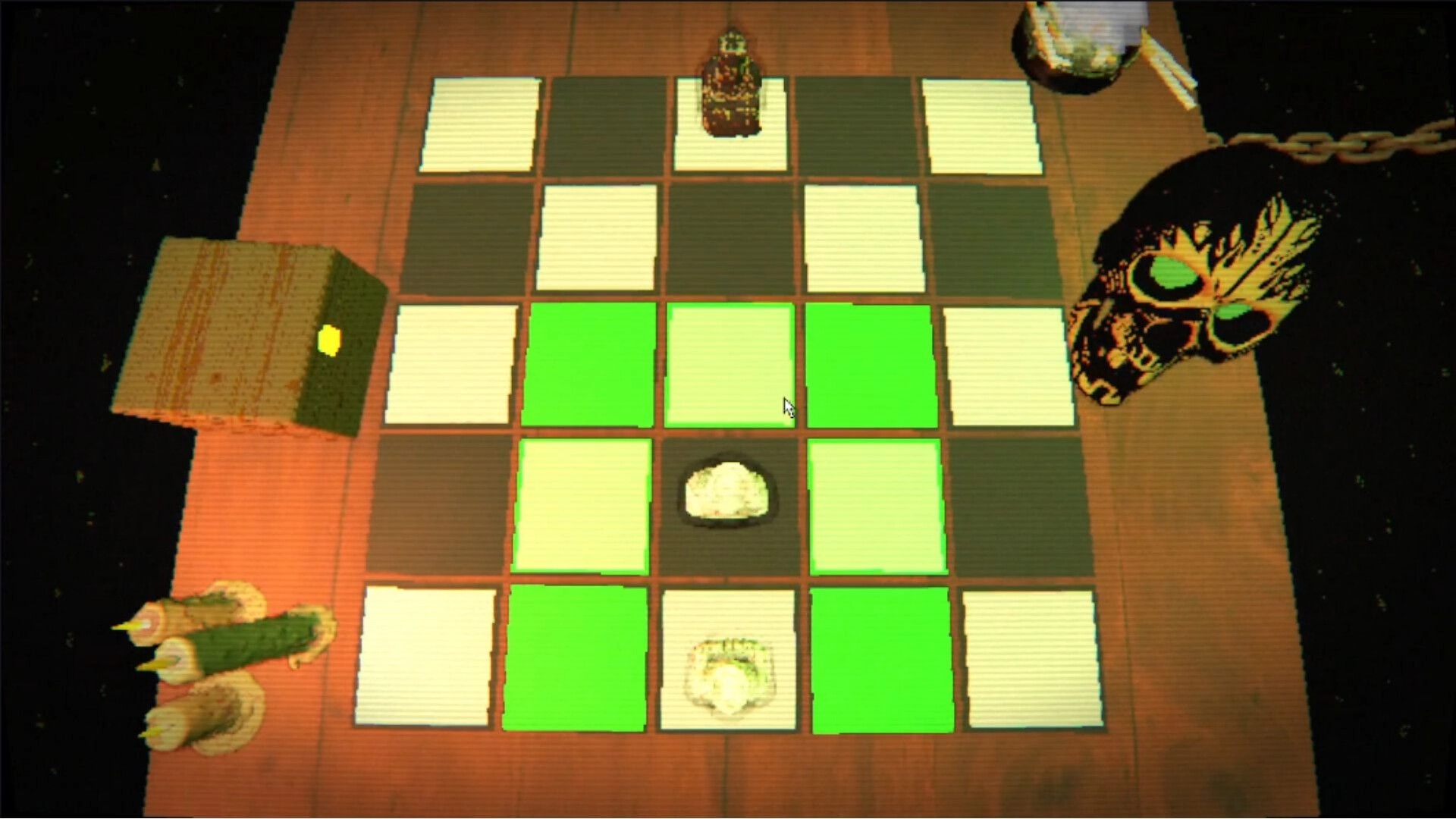 INTERRED: Turn-based 5x5 grid board with green highlighted tiles on a wooden table beside a chest.