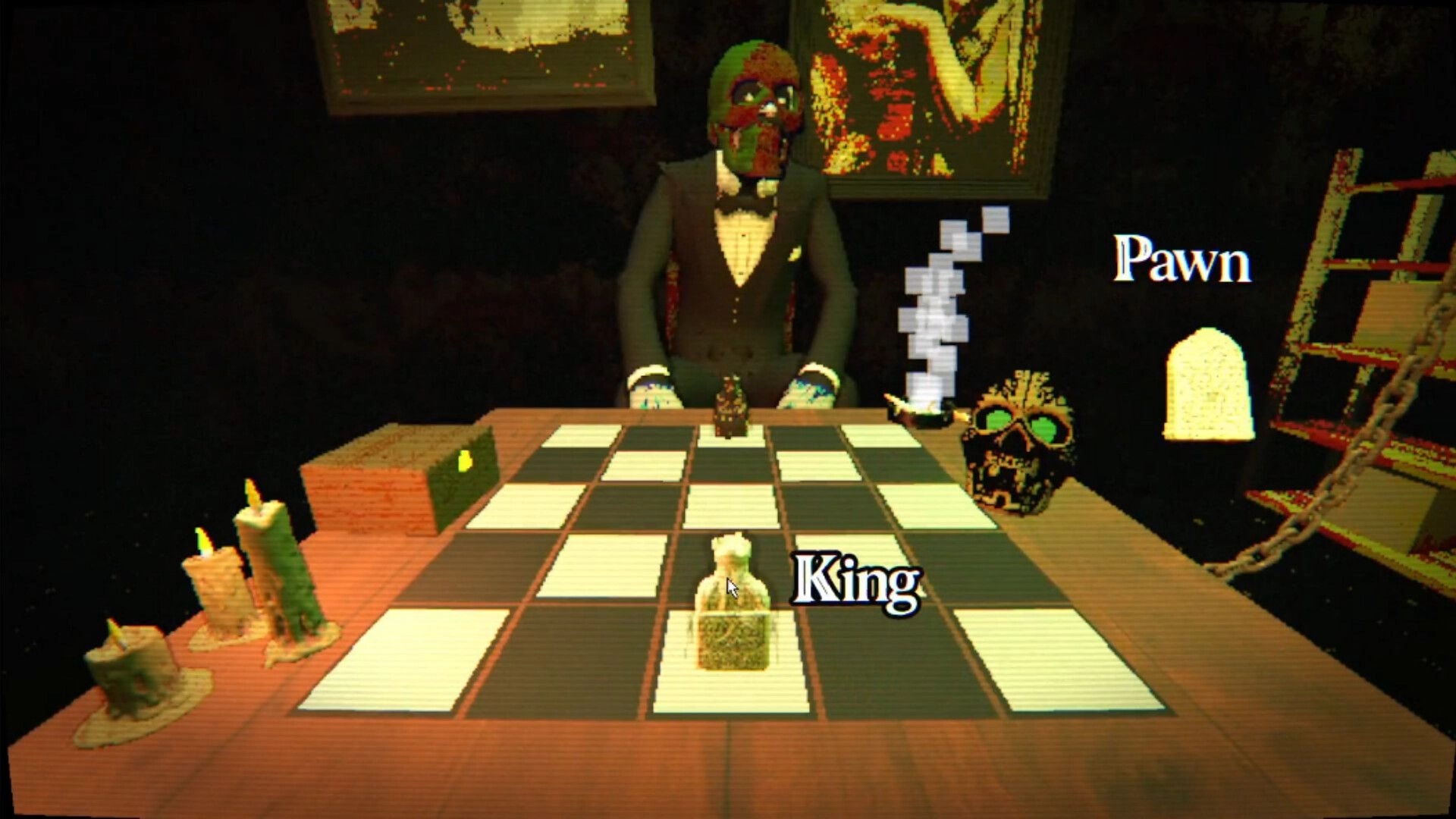 INTERRED: Chess-like grid with King and Pawn pieces on a table facing a masked dealer in dark room.