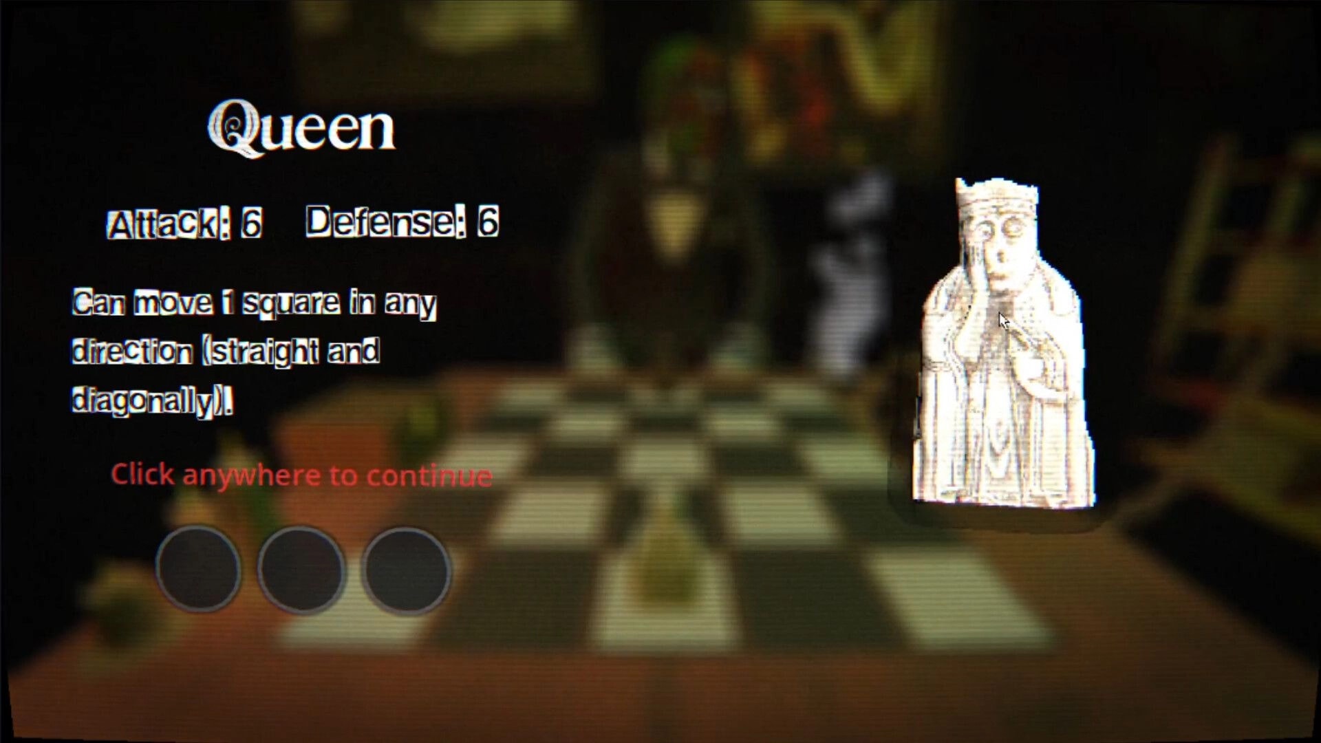 INTERRED: Queen piece tooltip with attack and defense stats over a blurred 5x5 grid board in a dim room.