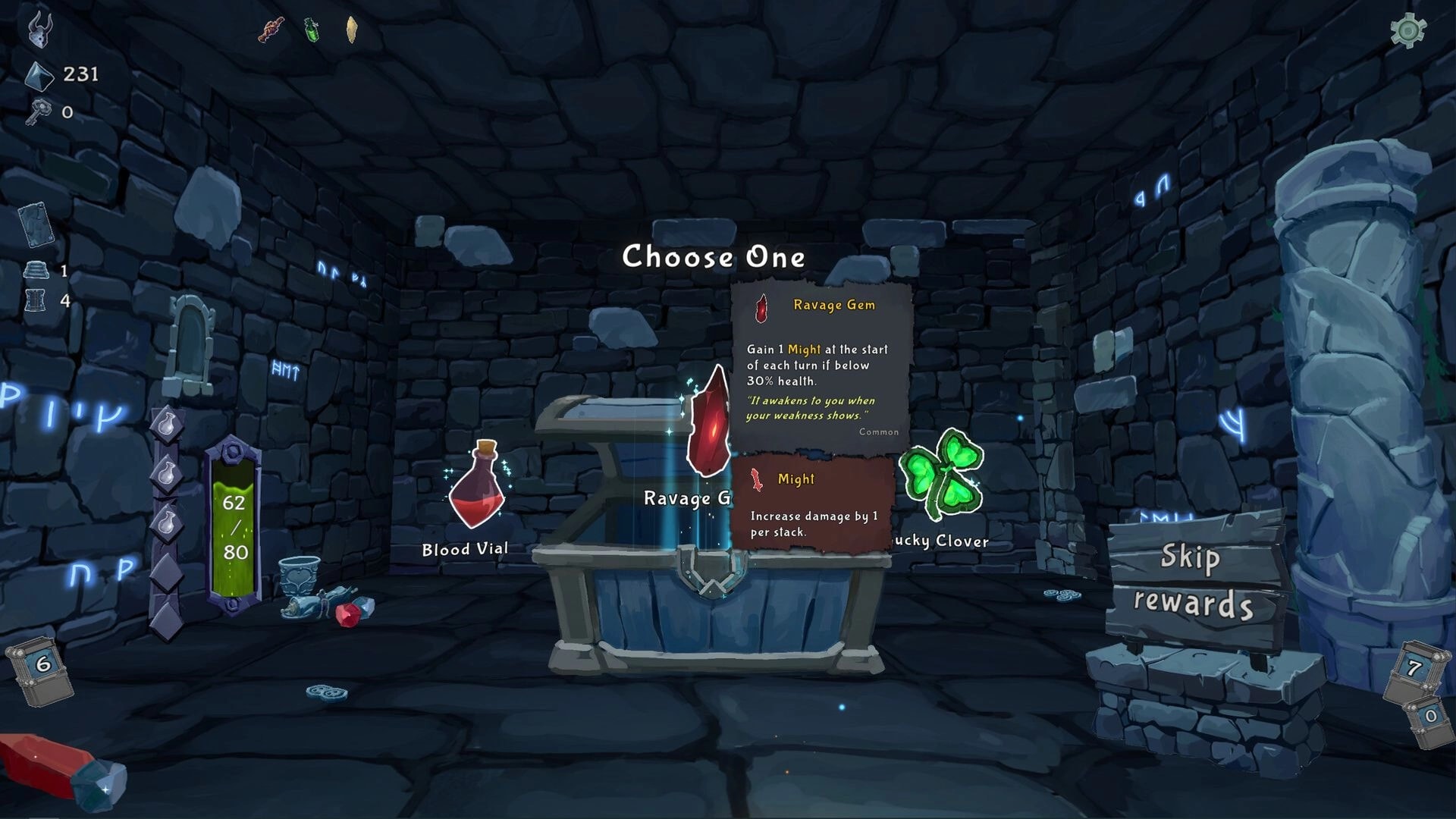 Into the Crypt: Reward choice screen picking Blood Vial, Ravage Gem, or Lucky Clover in stone crypt room.