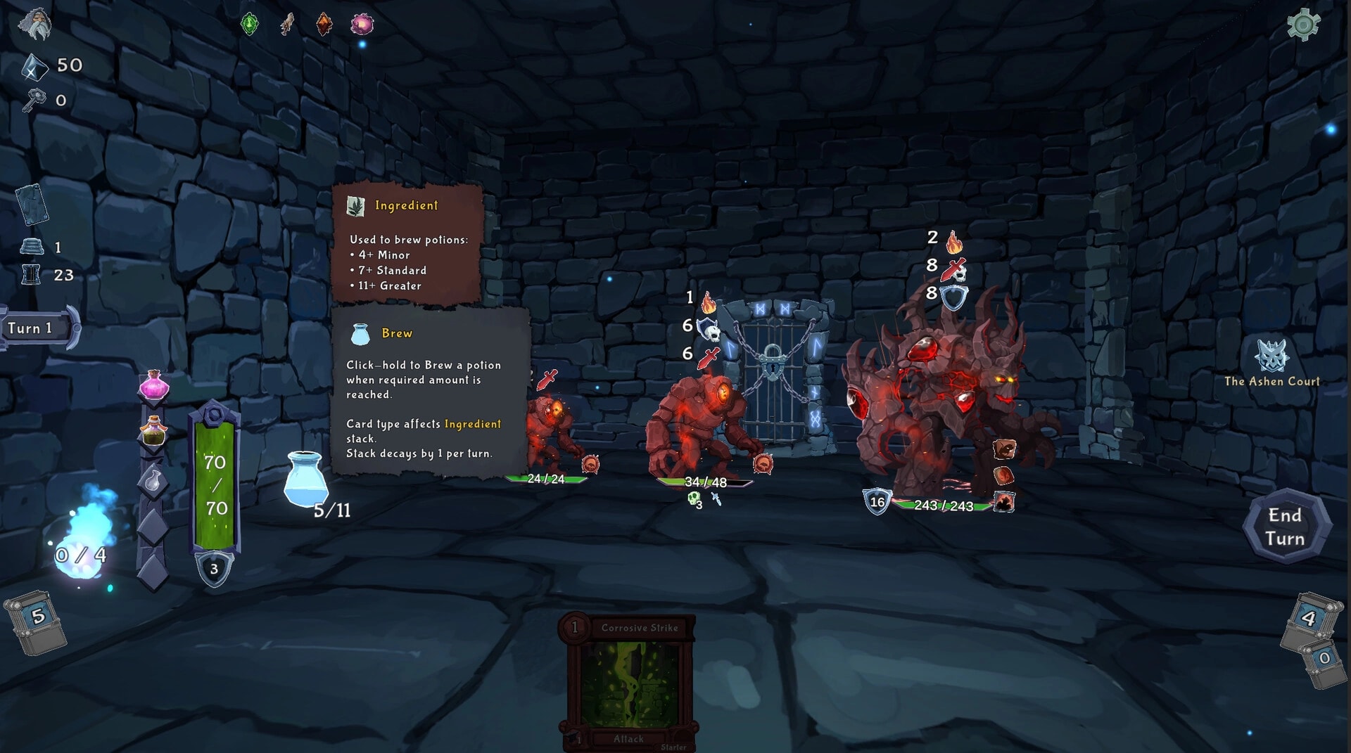 Into the Crypt: Brewing potion tooltip during turn-based fight in a stone crypt against fiery golems.
