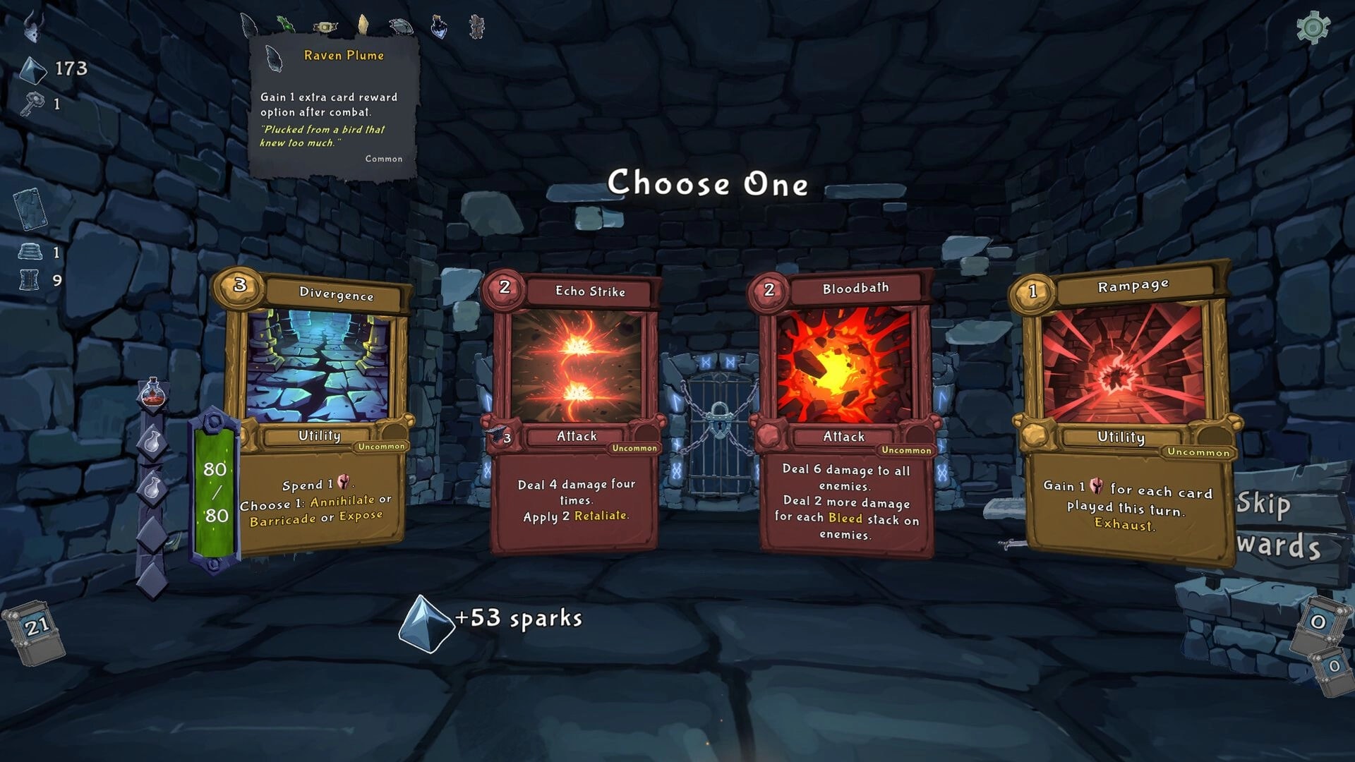 Into the Crypt: Choose One card reward screen with four cards in a stone crypt chamber and UI stats visible.