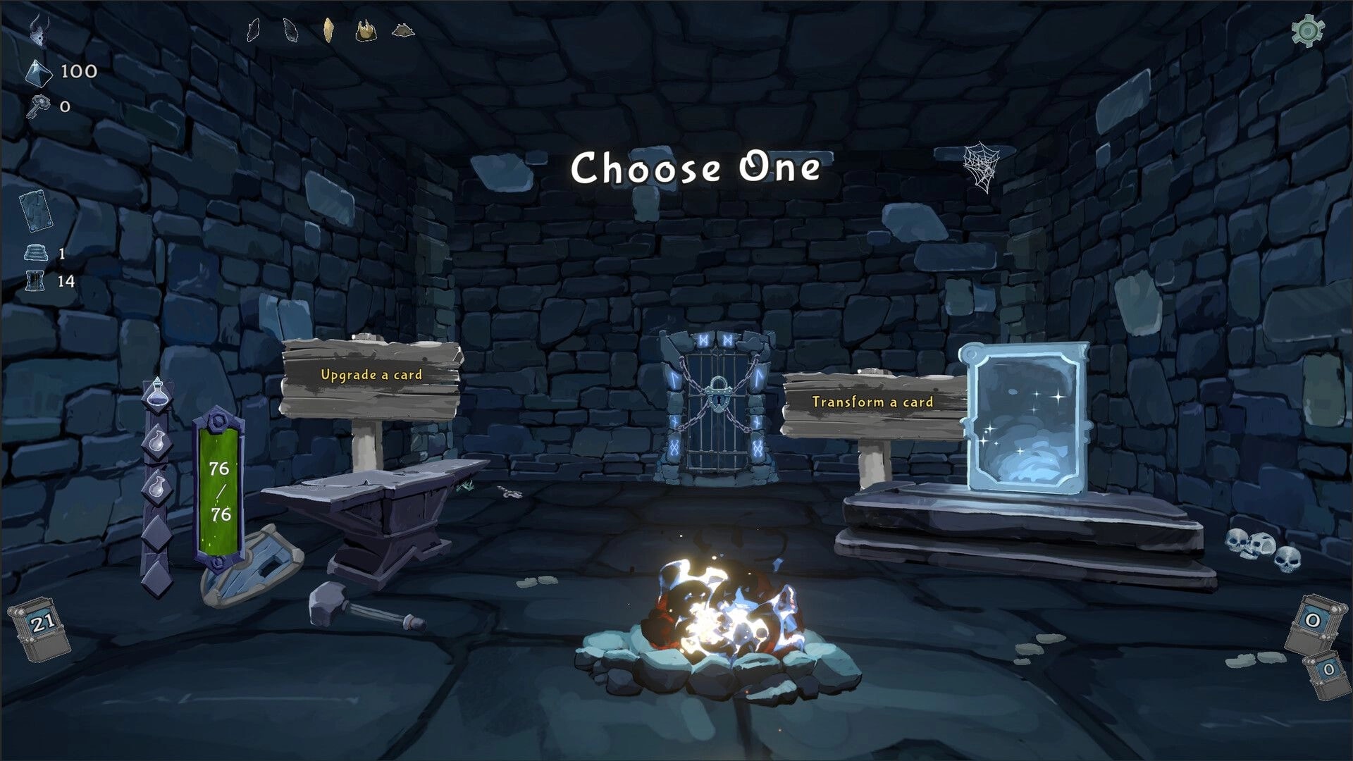 Into the Crypt: Choose One upgrade or transform a card in a stone crypt room with campfire UI.