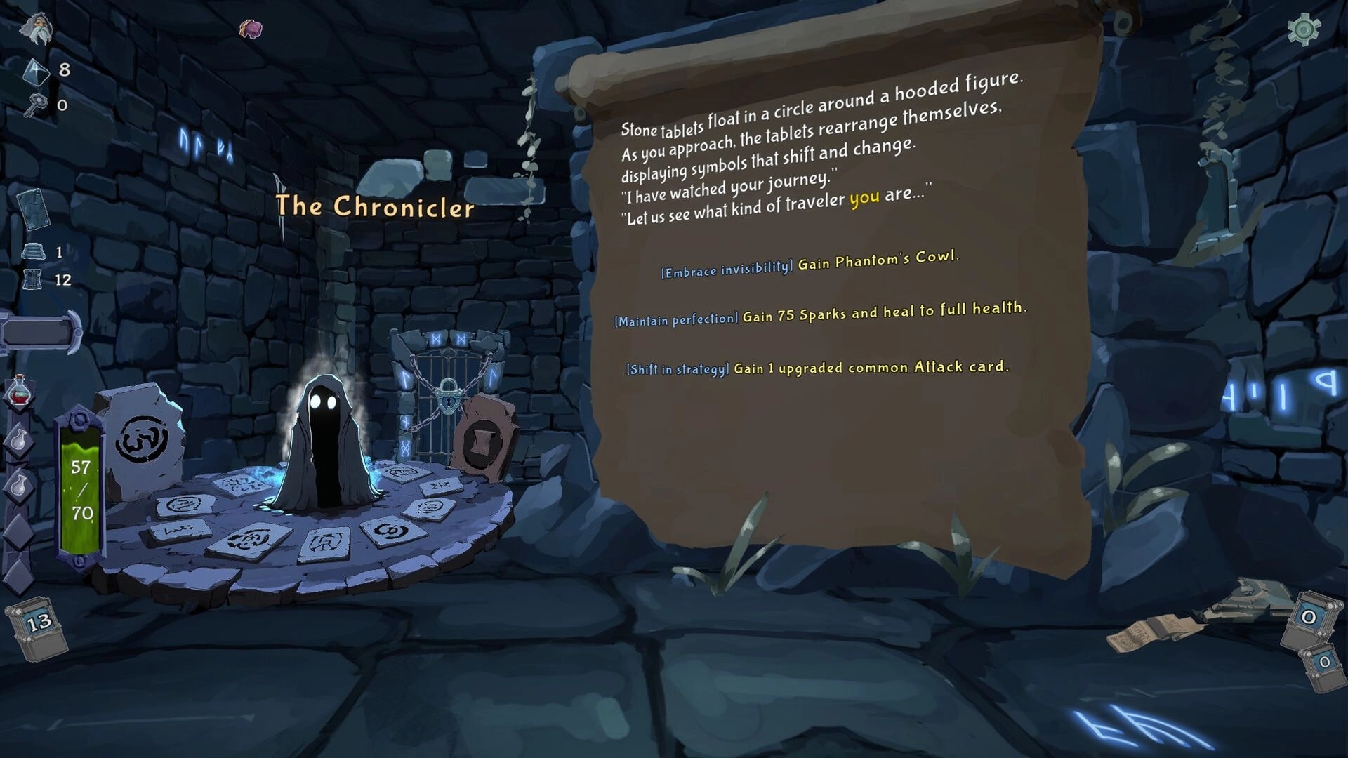 Into the Crypt: The Chronicler event dialogue with reward choices beside a hooded figure in a stone chamber.