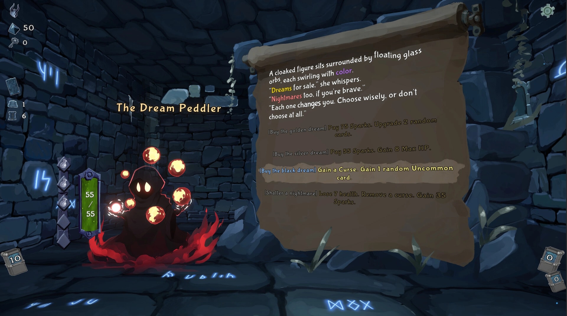 Into the Crypt: The Dream Peddler event menu with buy options in a rune-lit stone crypt chamber.