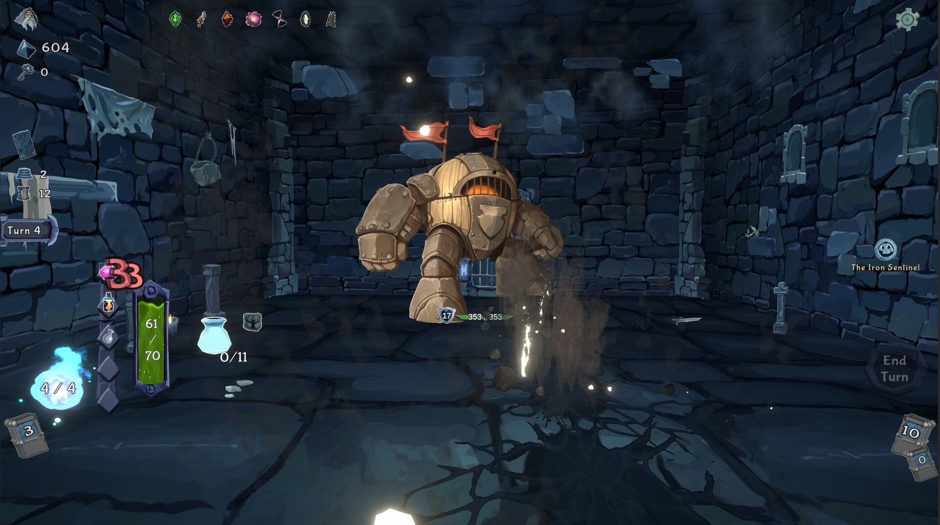Into the Crypt: Battle vs The Iron Sentinel golem in a stone cell, Turn 4 UI and End Turn button.