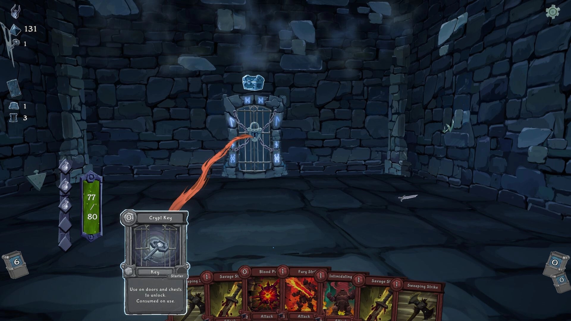 Into the Crypt: Crypt Key card highlighted facing a chained rune door inside a stone crypt chamber.