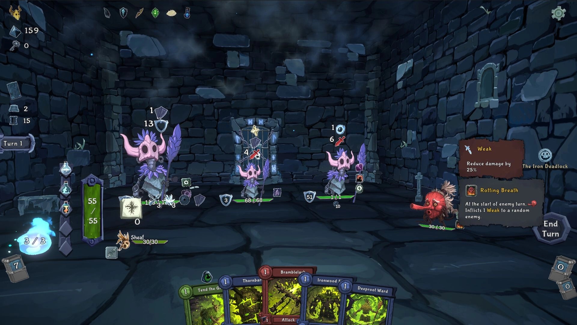 Into the Crypt: Turn-based card combat versus three horned foes in a stone crypt, End Turn UI up.