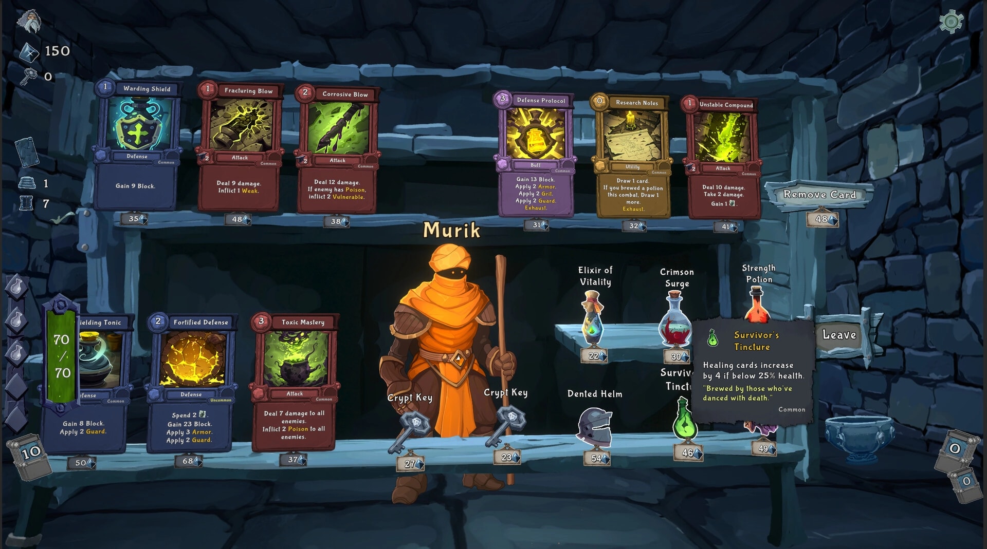 Into the Crypt: Shop screen with Murik selling cards, potions, and keys in a stone cave stall.