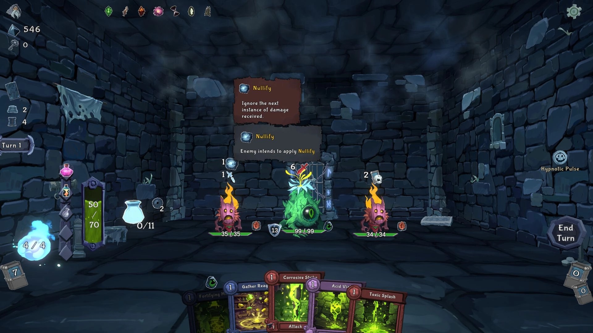 Into the Crypt: Turn-based battle UI with three enemies and Nullify tooltip in a stone crypt room.
