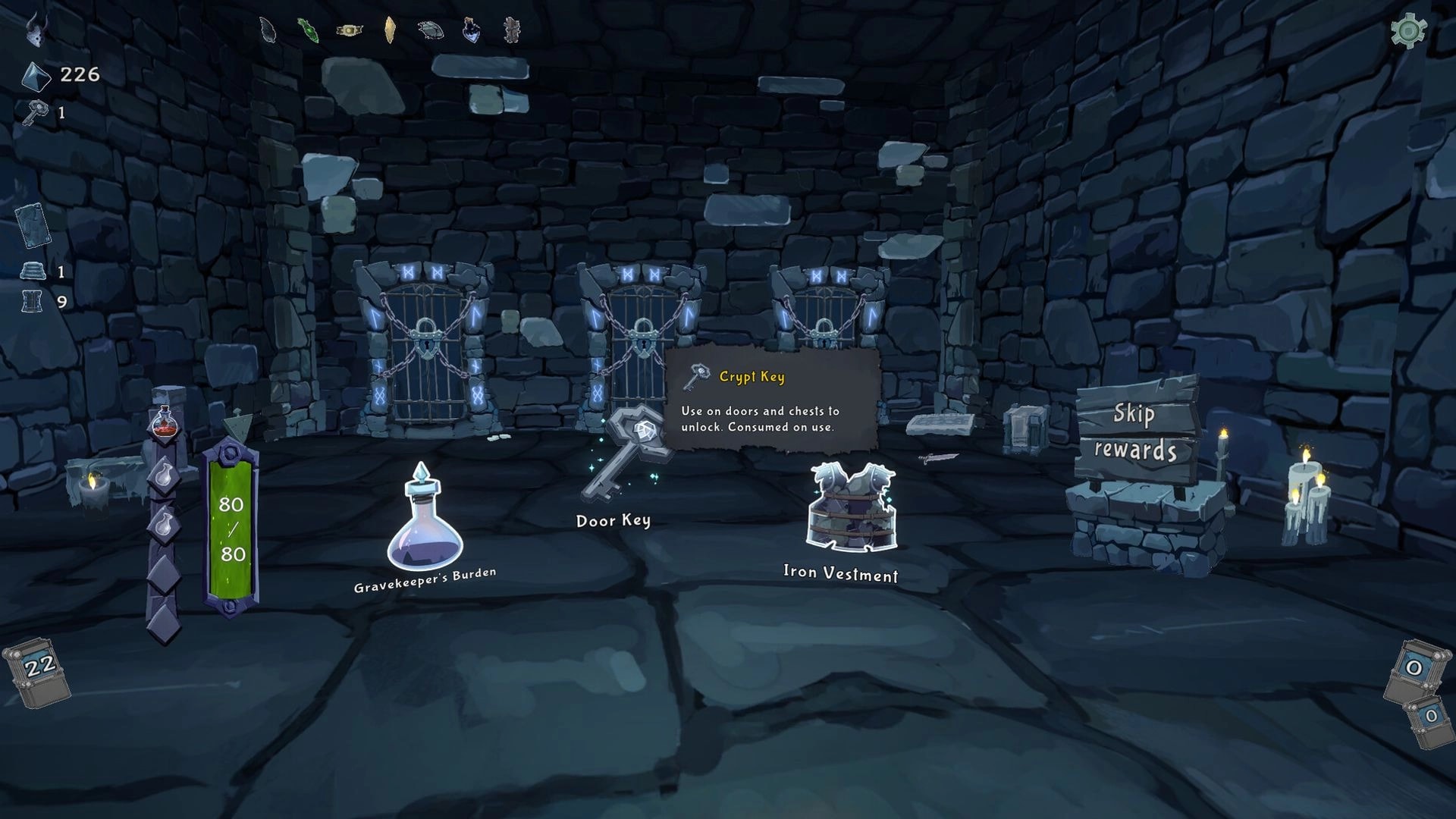 Into the Crypt: Reward room loot choice with Crypt Key tooltip, potions and armor in stone chamber.