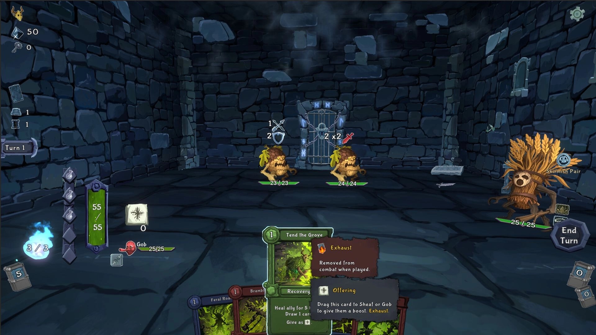 Into the Crypt: Turn-based card battle vs two leaf monsters in a stone cell, Tend the Grove card up.