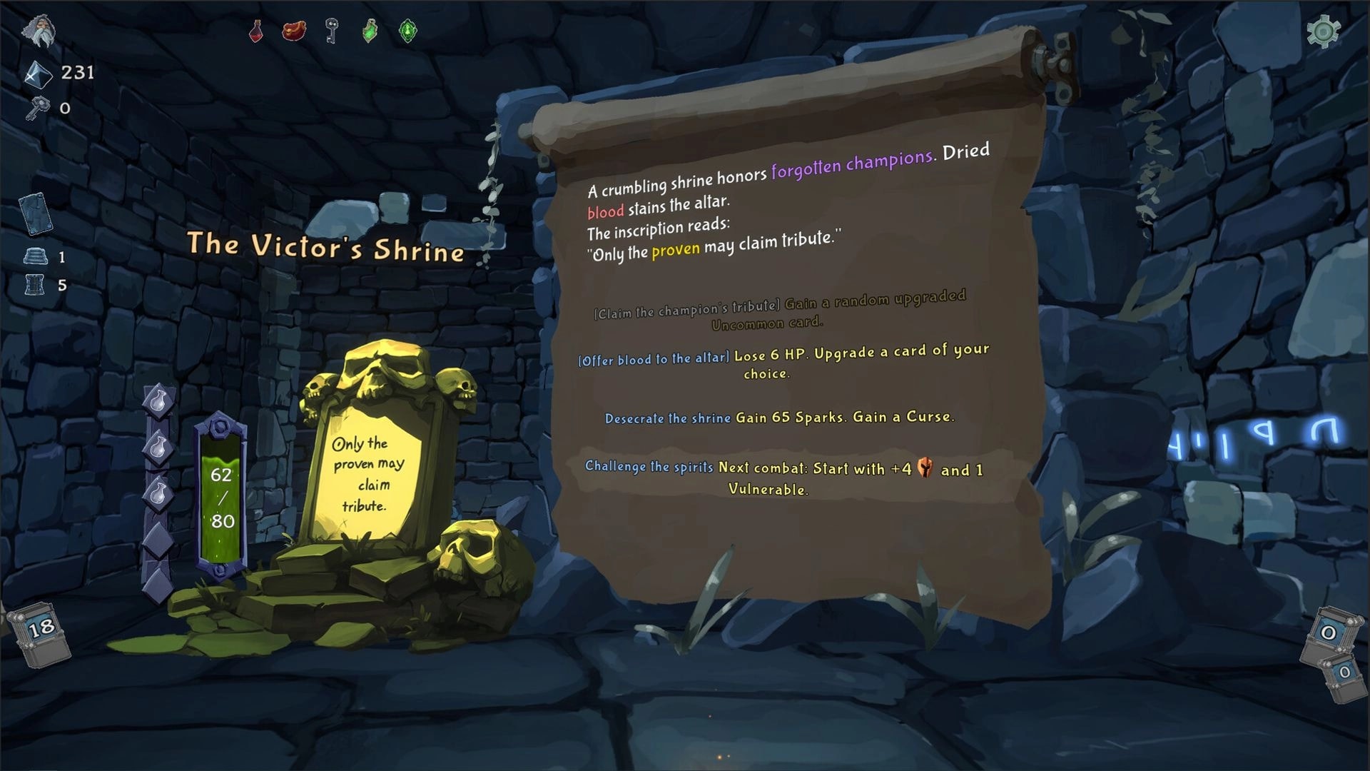 Into the Crypt: Event choice menu at The Victor's Shrine in a stone crypt with skull altar UI.