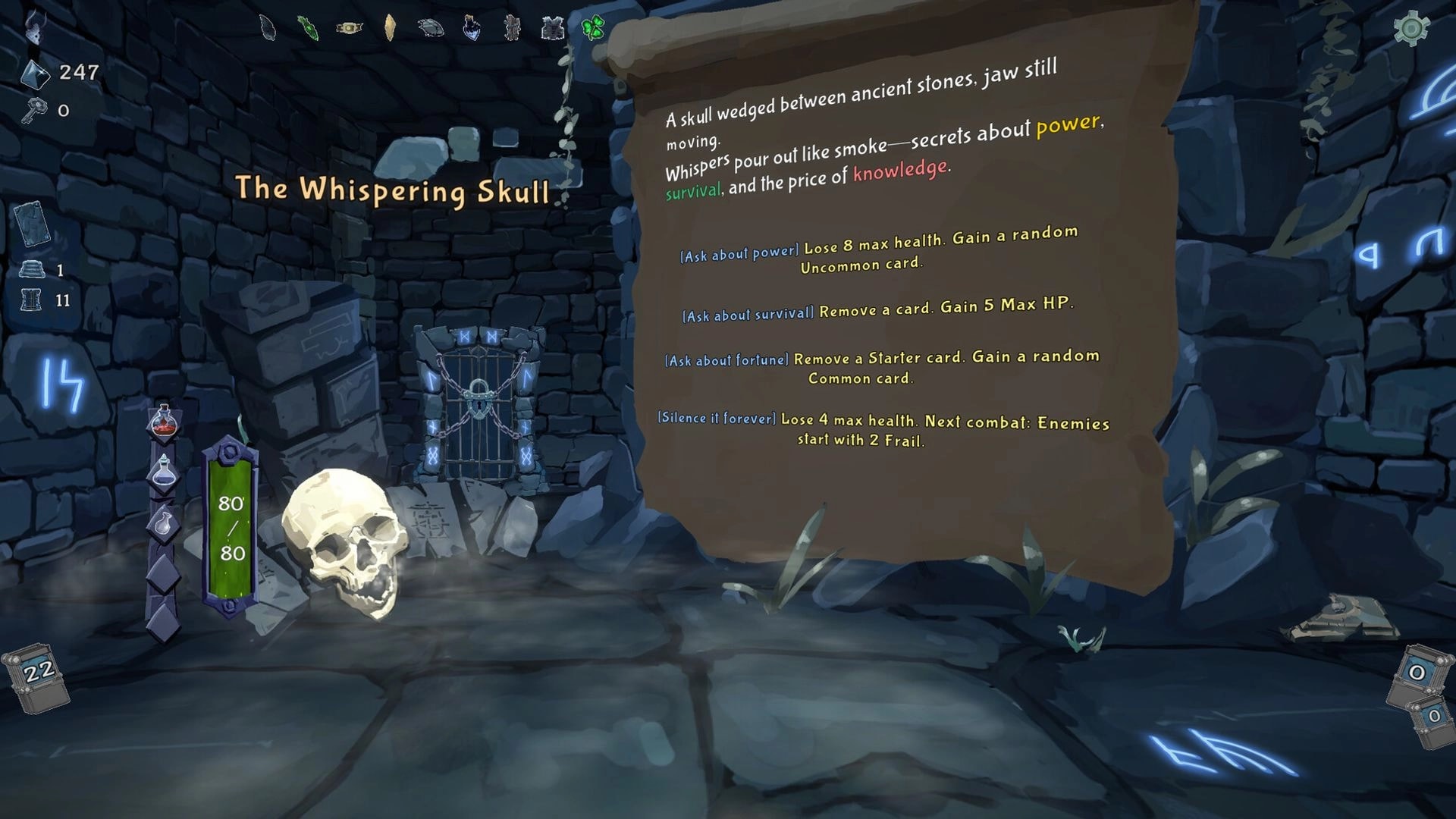 Into the Crypt: The Whispering Skull event choice menu in a stone crypt room with skull and UI stats.
