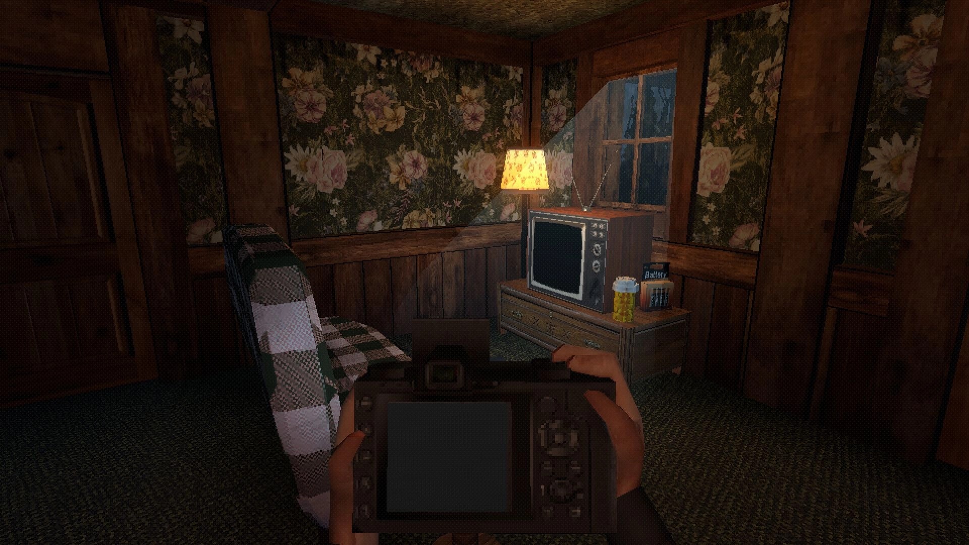 Invocation: Viewing vintage TV in dimly lit room, investigator holds camera, floral wallpaper decor.