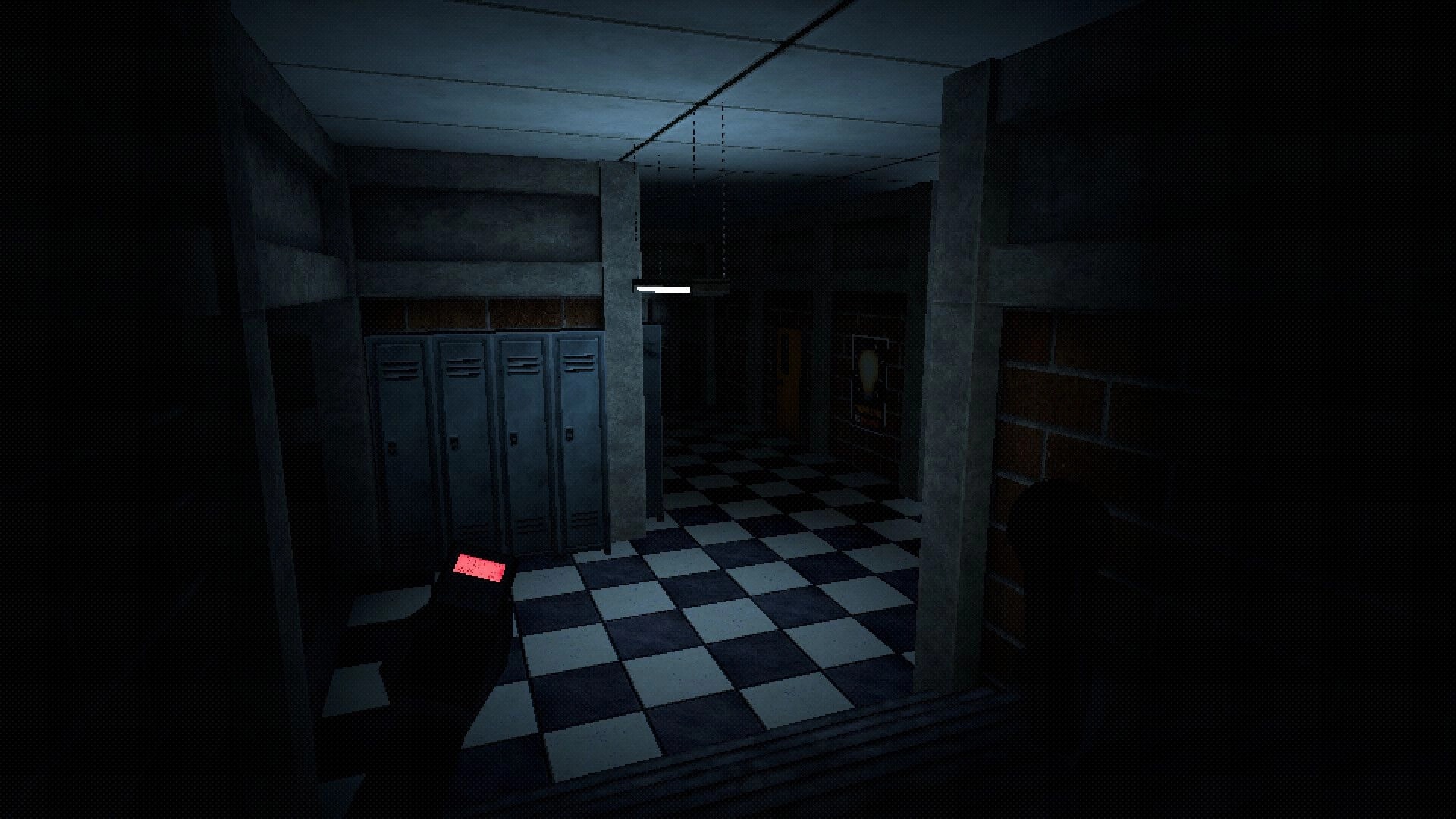 Invocation: Player holding EMF meter and flashlight in a dim, wooden-fenced basement corridor