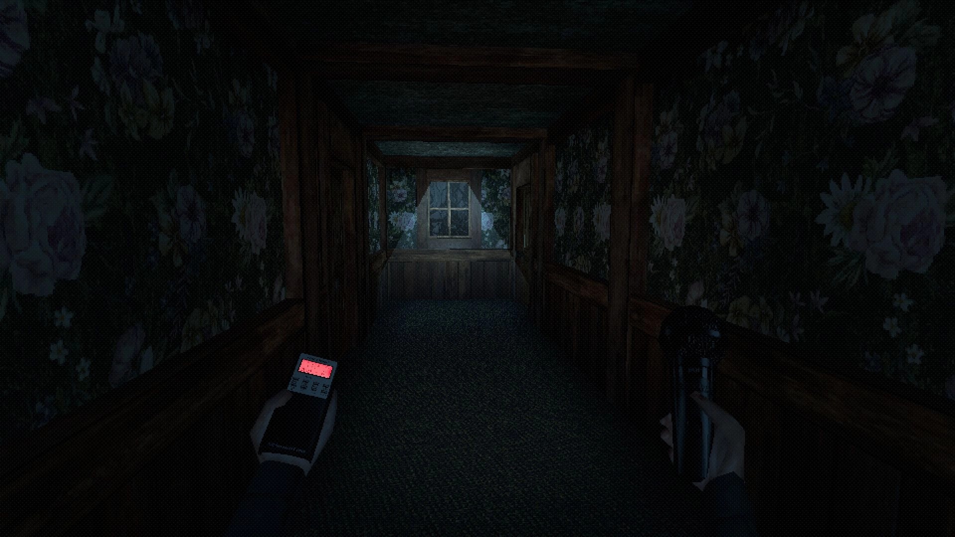 Invocation: Exploring dim hallway with floral wallpaper holding EMF meter and flashlight