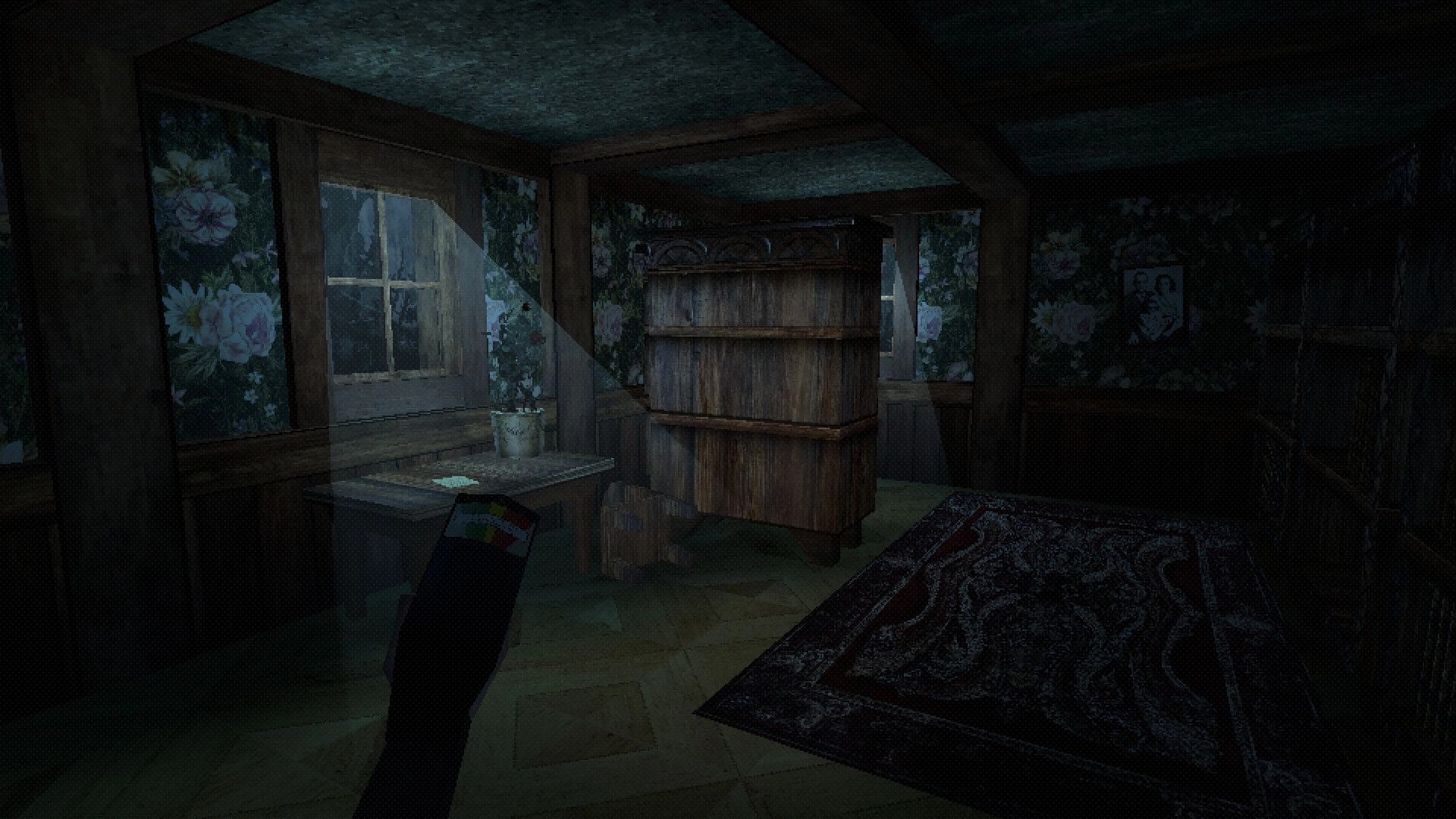 Invocation: Exploring dimly lit room with flashlight beam highlighting table and floral wallpaper