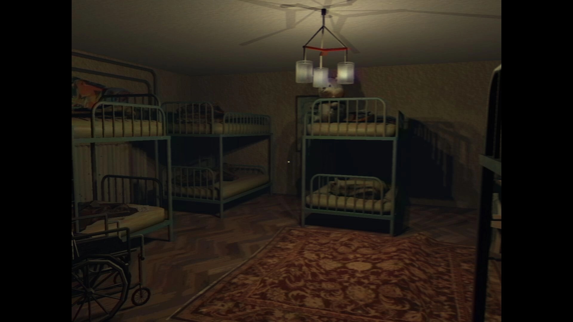 It Breathes: First-person view of a dim ward with bunk beds, wheelchair, and hanging lamp overhead.