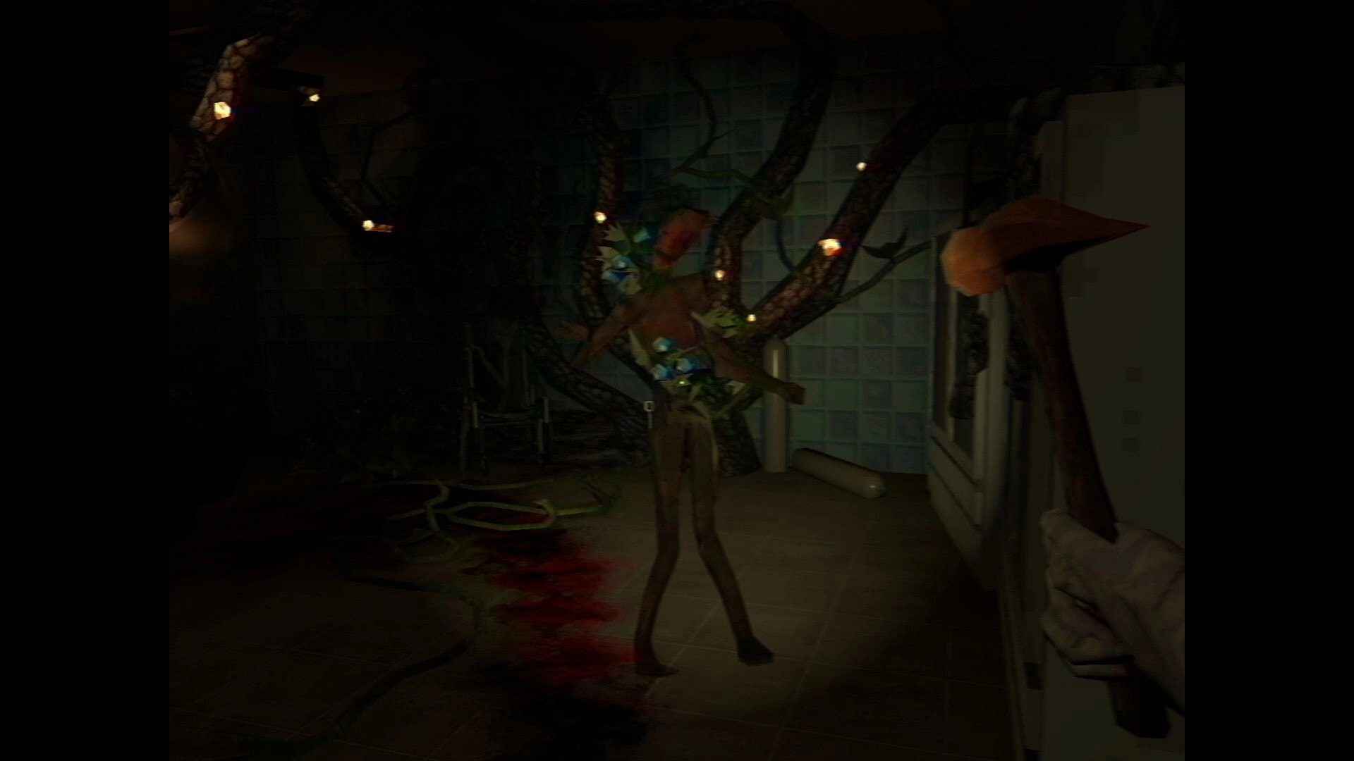 It Breathes: First-person view raising a hammer at a lanky creature in a tiled hospital ward.
