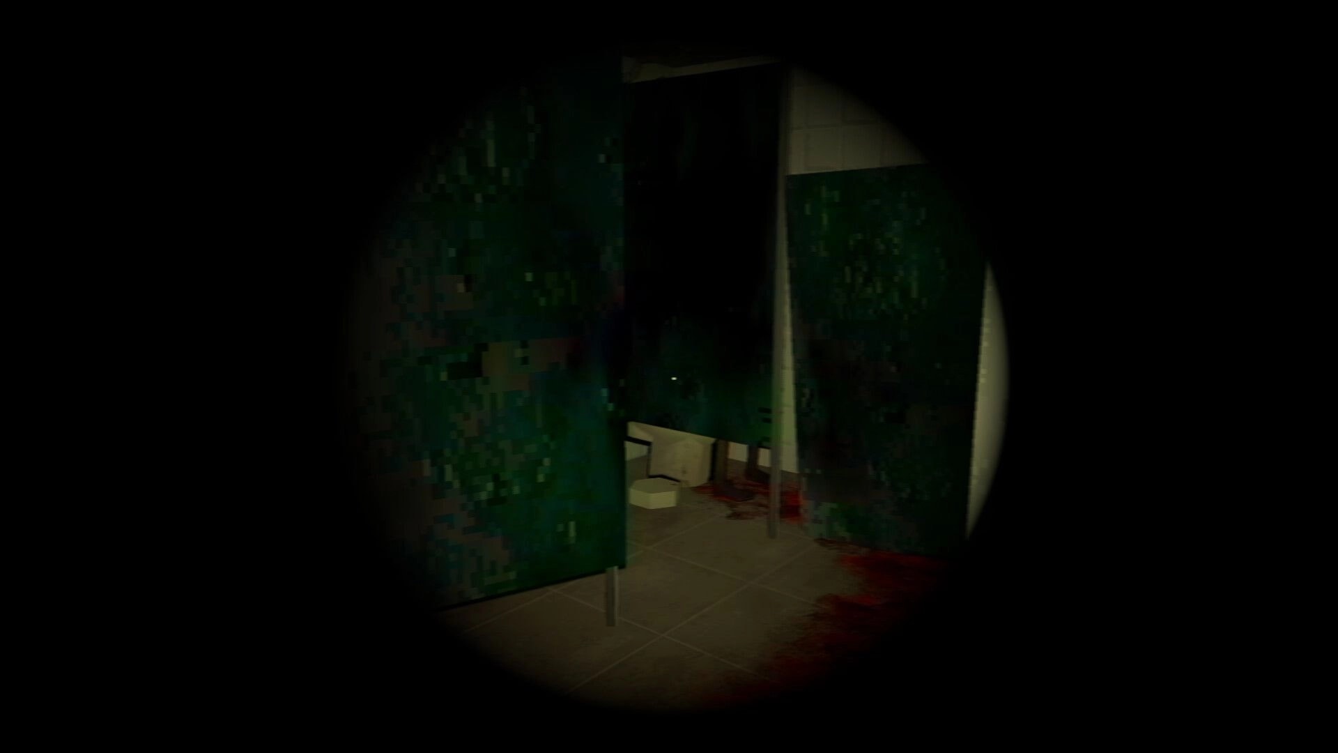 It Breathes: Flashlight view into grimy hospital bathroom stalls with blood smears on tiled floor.