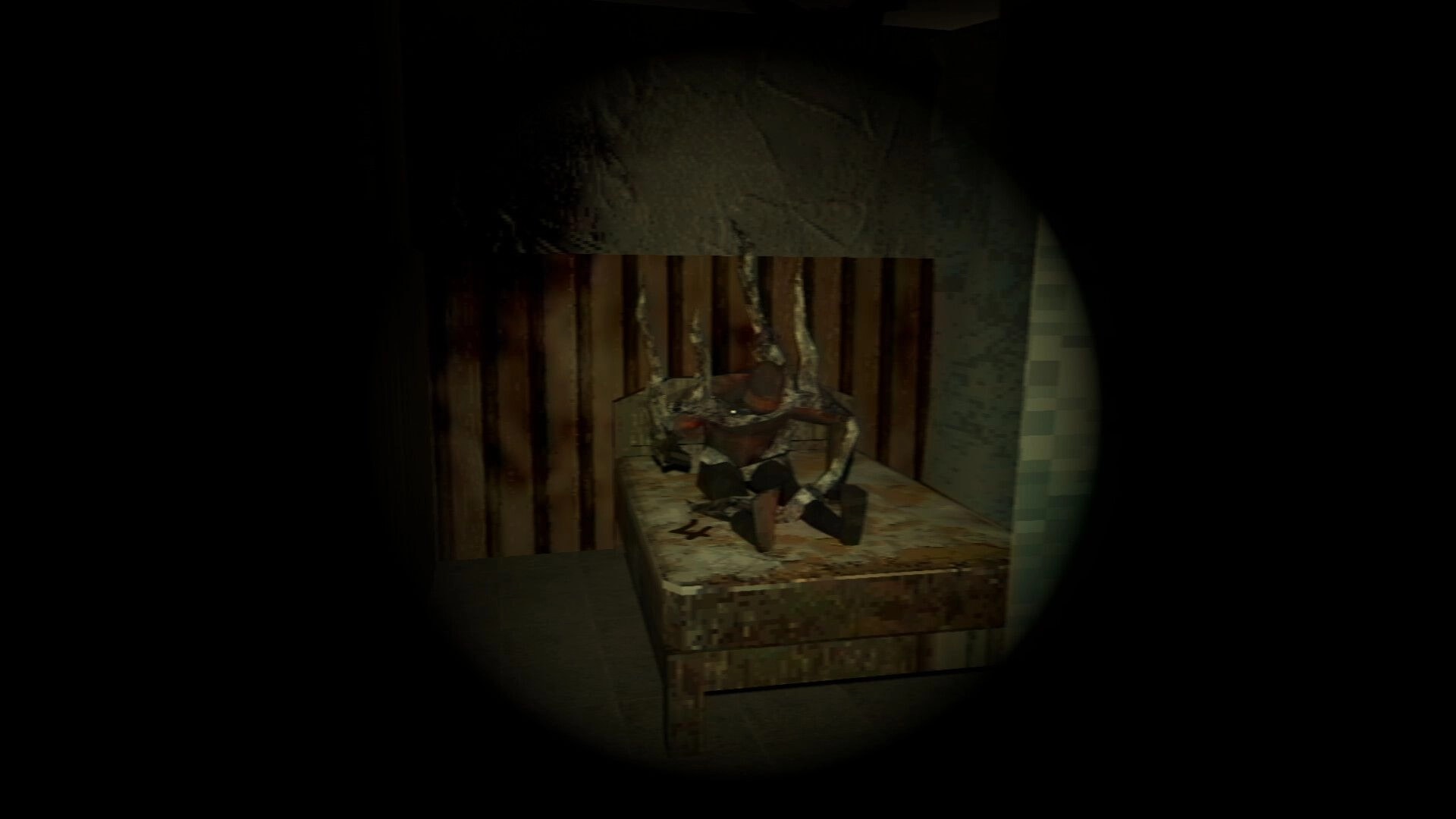 It Breathes: Flashlight view of a bloodstained table with metal restraints in a boarded room.