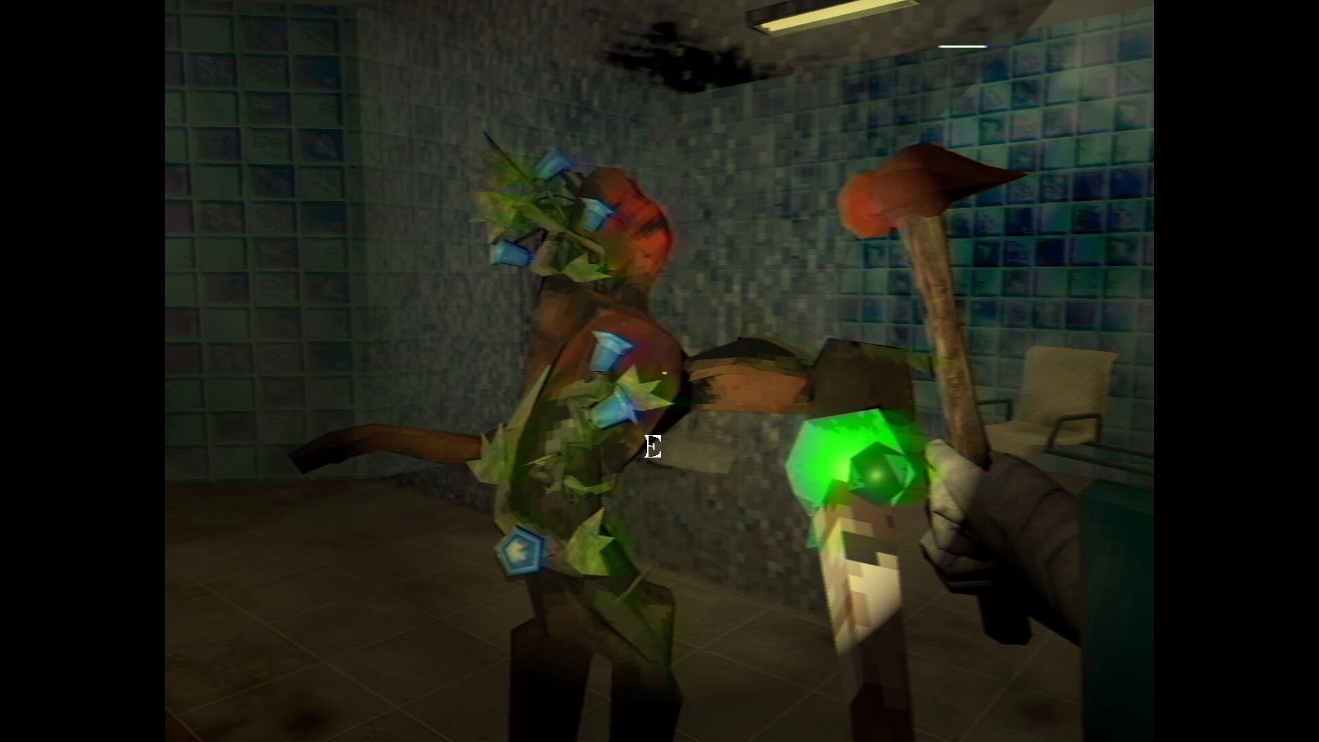 It Breathes: First-person melee strike on a glitchy humanoid in a blue-tiled hospital room HUD bar above.