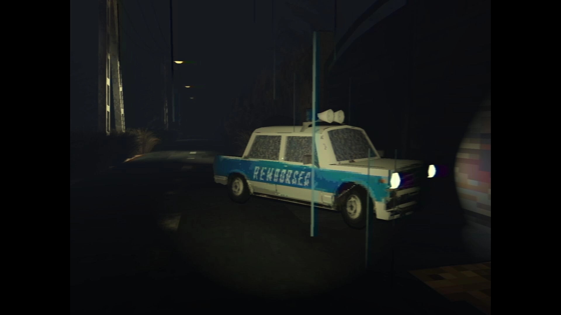 It Breathes: First-person view of a blue-and-white police car in a dark, rainy hospital driveway at night.