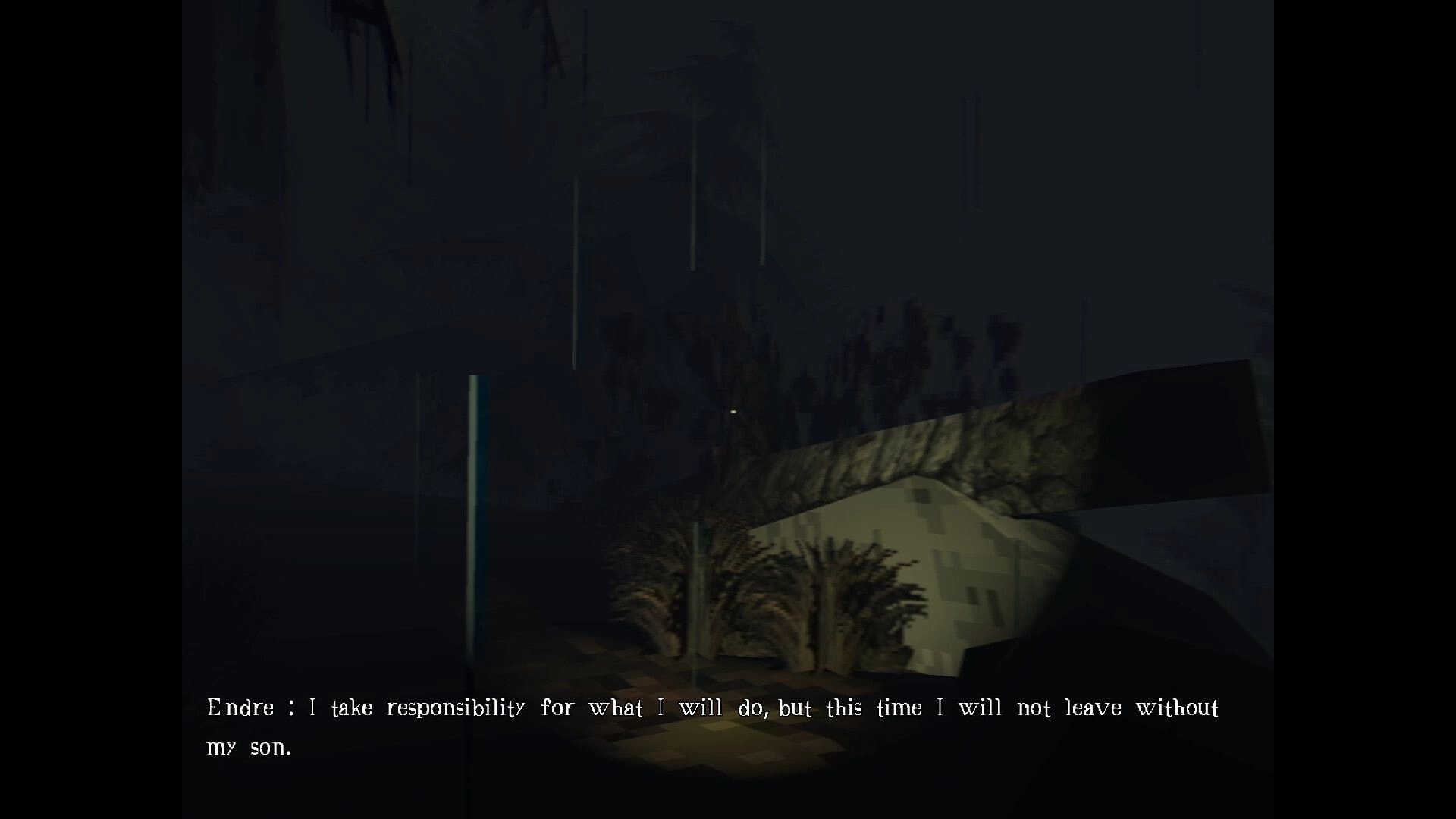 It Breathes: Dialogue subtitle from Endre over rainy hospital exterior with a small crosshair centered.