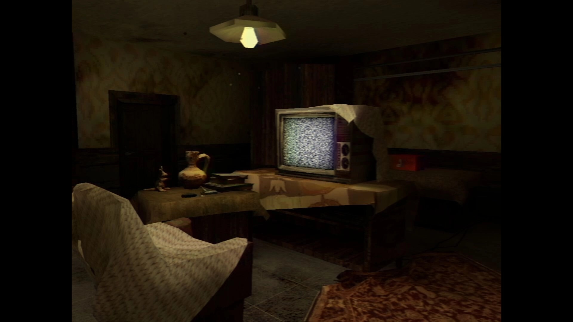 It Breathes: Static-filled CRT TV on a cluttered table in a dim, dusty hospital room.