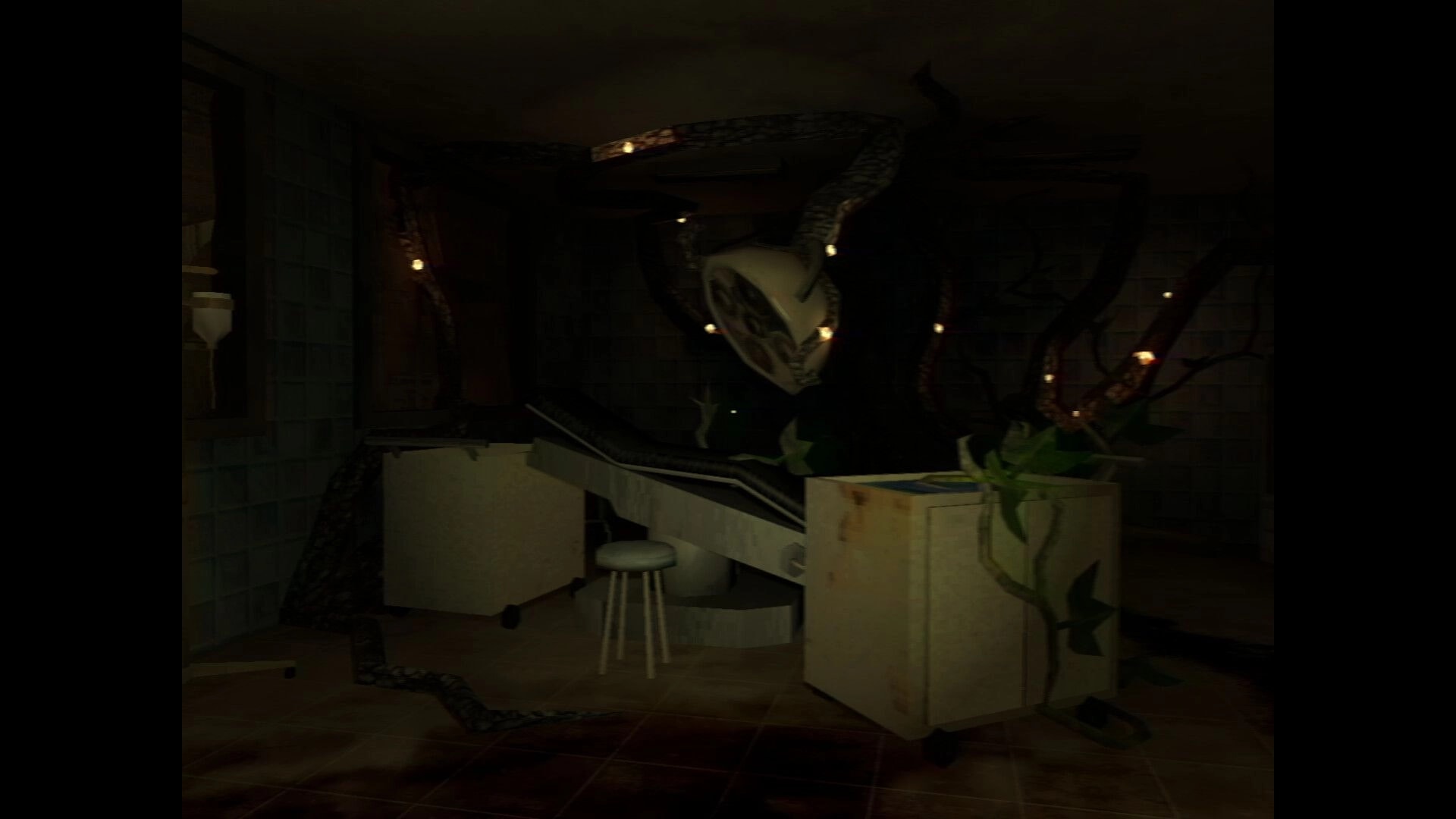 It Breathes: First-person view of a dark hospital room with a gurney and writhing tentacles overhead.
