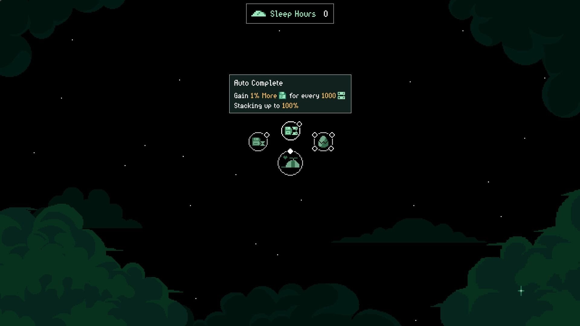 It's Fine: UI displays auto complete upgrade options under a starry night sky with floating clouds.