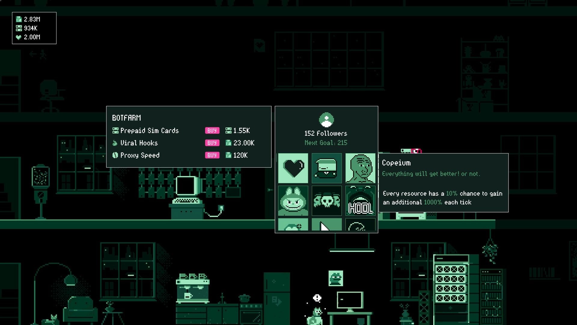 It's Fine: Botfarm upgrade menu with stats and follower goals inside a dimly lit developer workspace