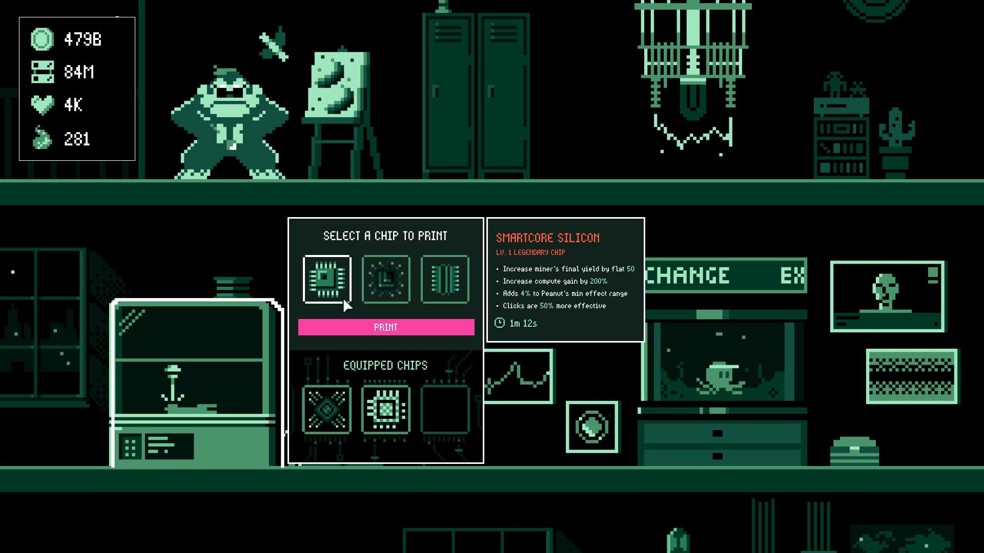 It's Fine: Chip selection menu with Smartcore Silicon details in a dark tech lab environment