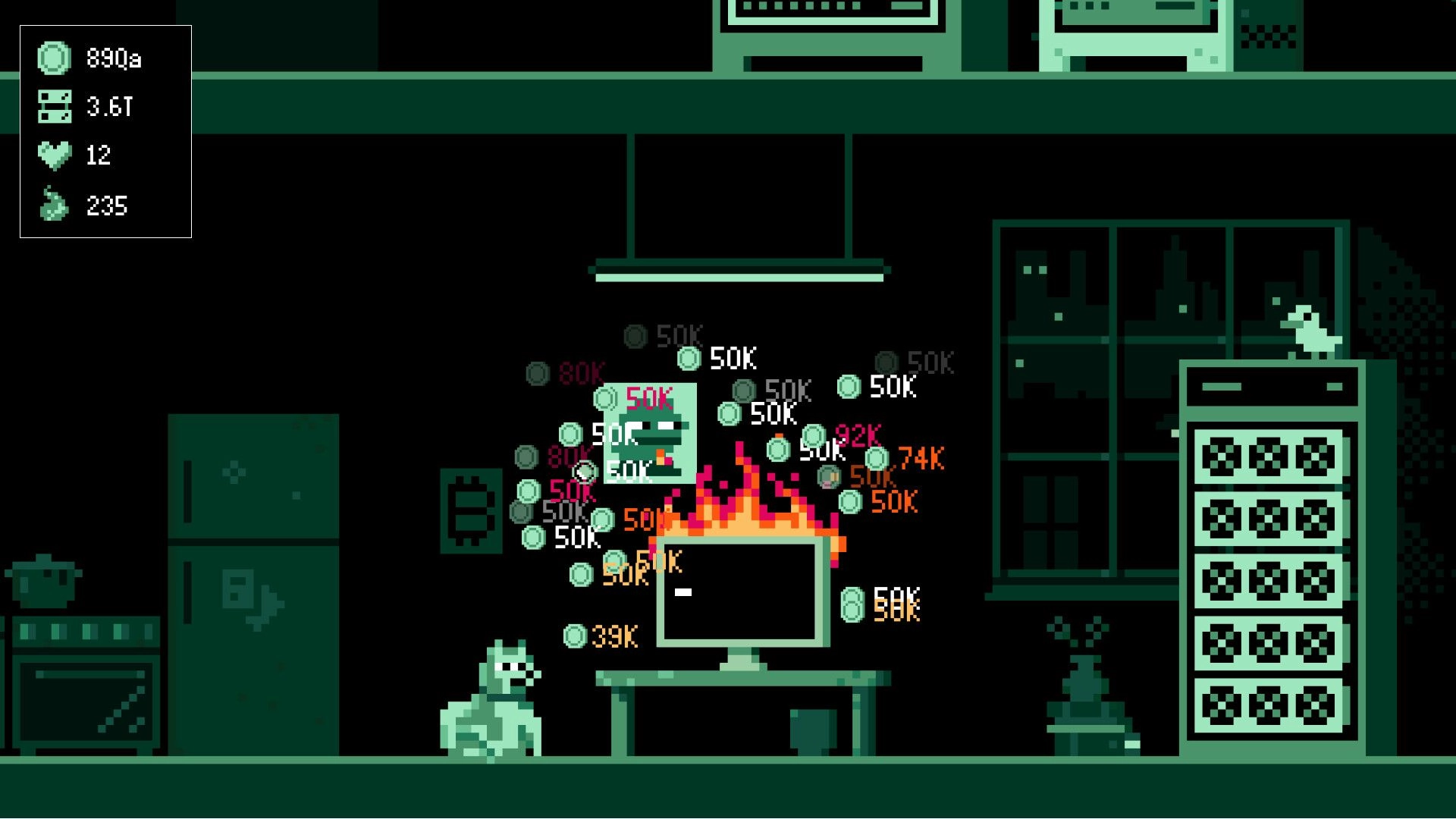 It's Fine: Dog Joe observes as the computer catches fire, surrounded by resource counters in the office.