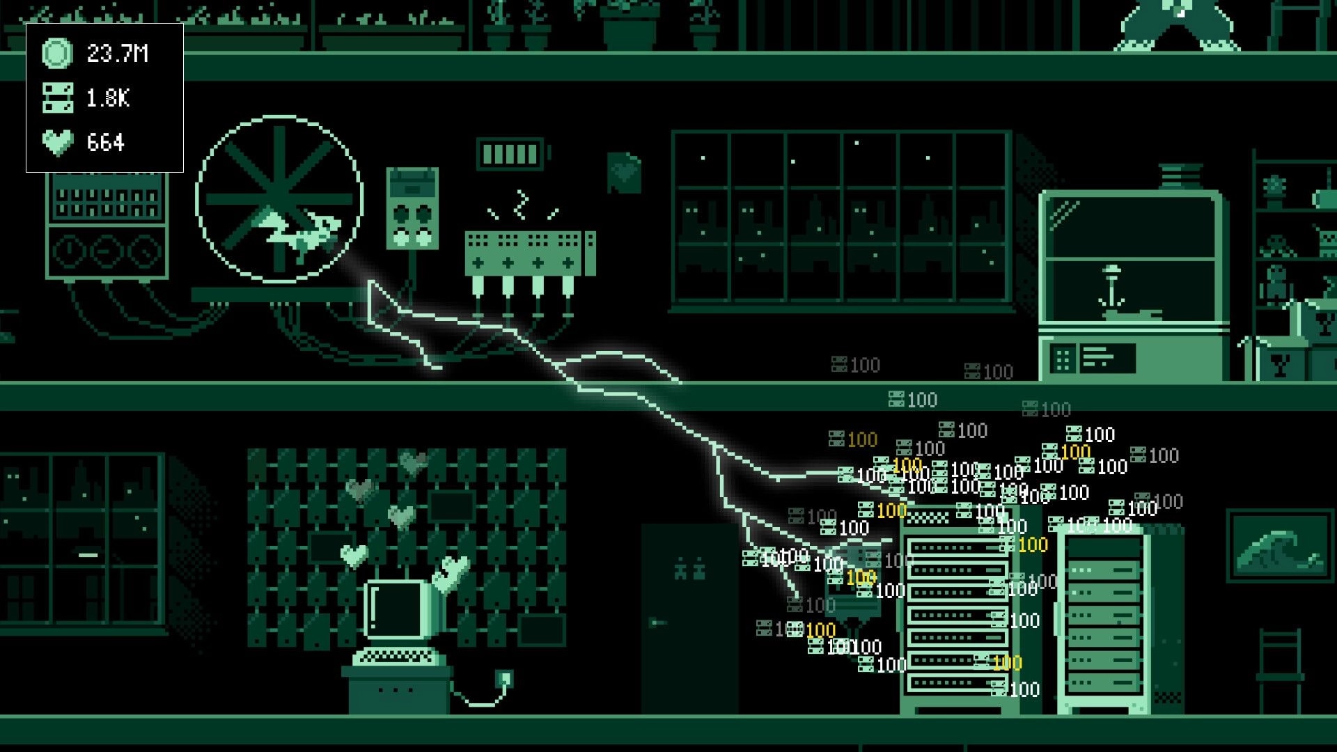 It's Fine: Upgraded computer lab with electric sparks and resource counters in retro pixel art style