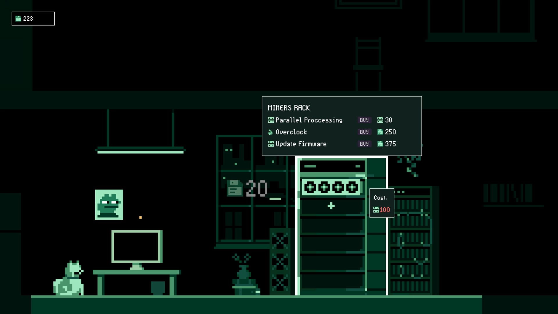 It's Fine: Miners Rack upgrade menu in a dark room with a computer and shelves filled with items.