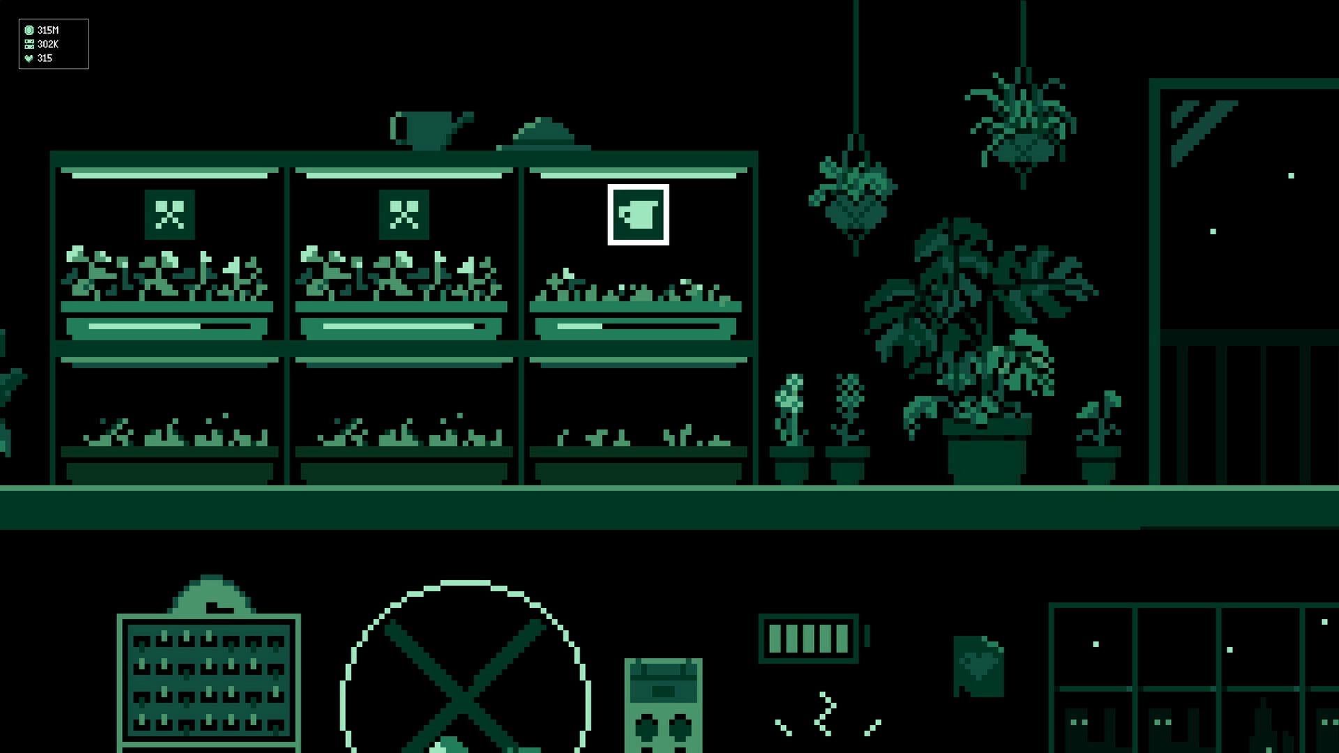 It's Fine: Pixel art greenhouse with various plants, UI showing resource stats in a dark setting