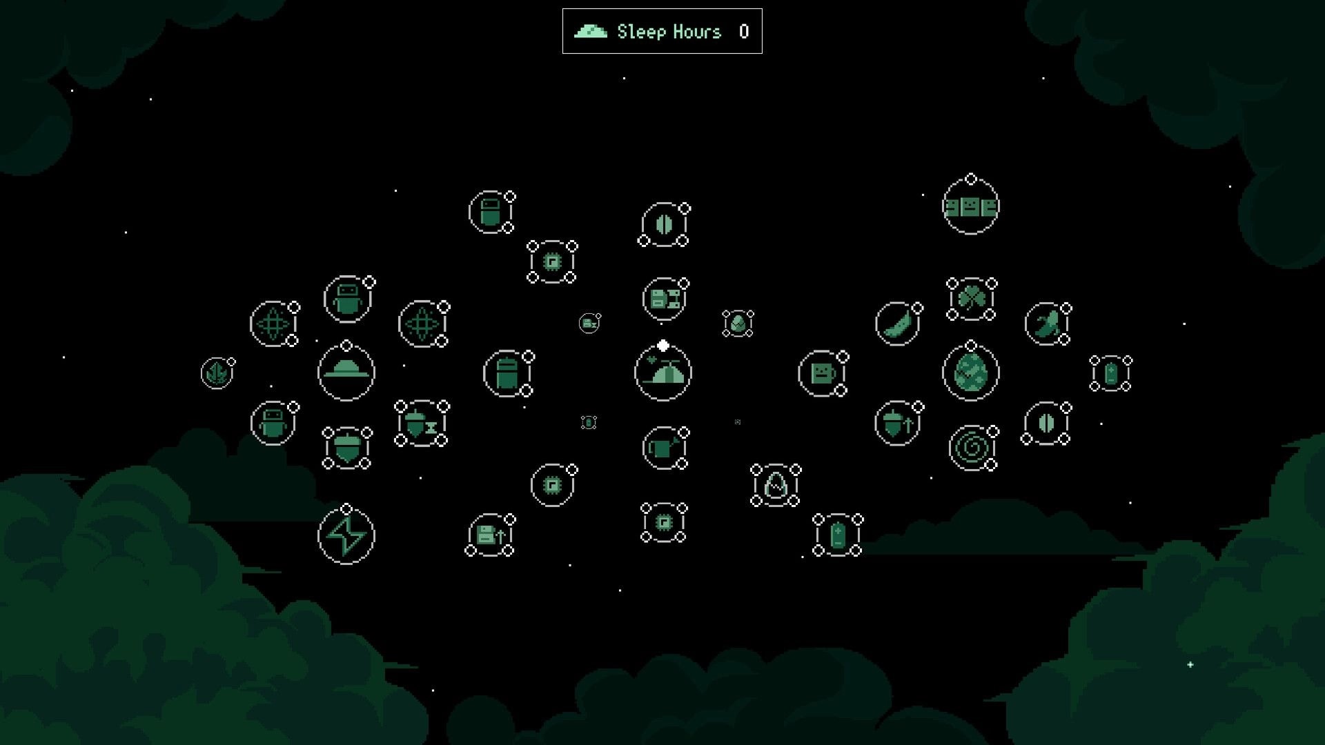 It's Fine: Various upgrade icons displayed against a night sky backdrop with a "Sleep Hours 0" indicator.