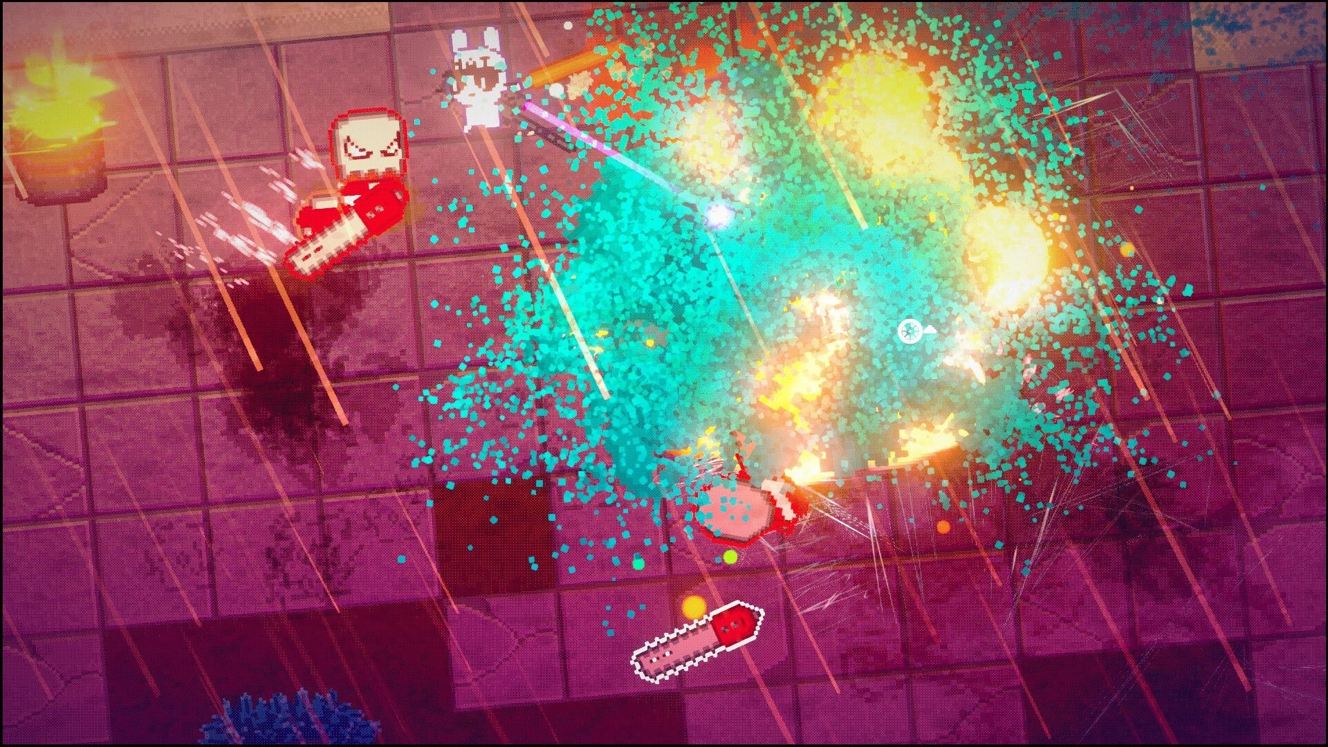 JENNY: Top-down firefight with explosions and teal gore on a rainy tiled street, chainsaws flying.