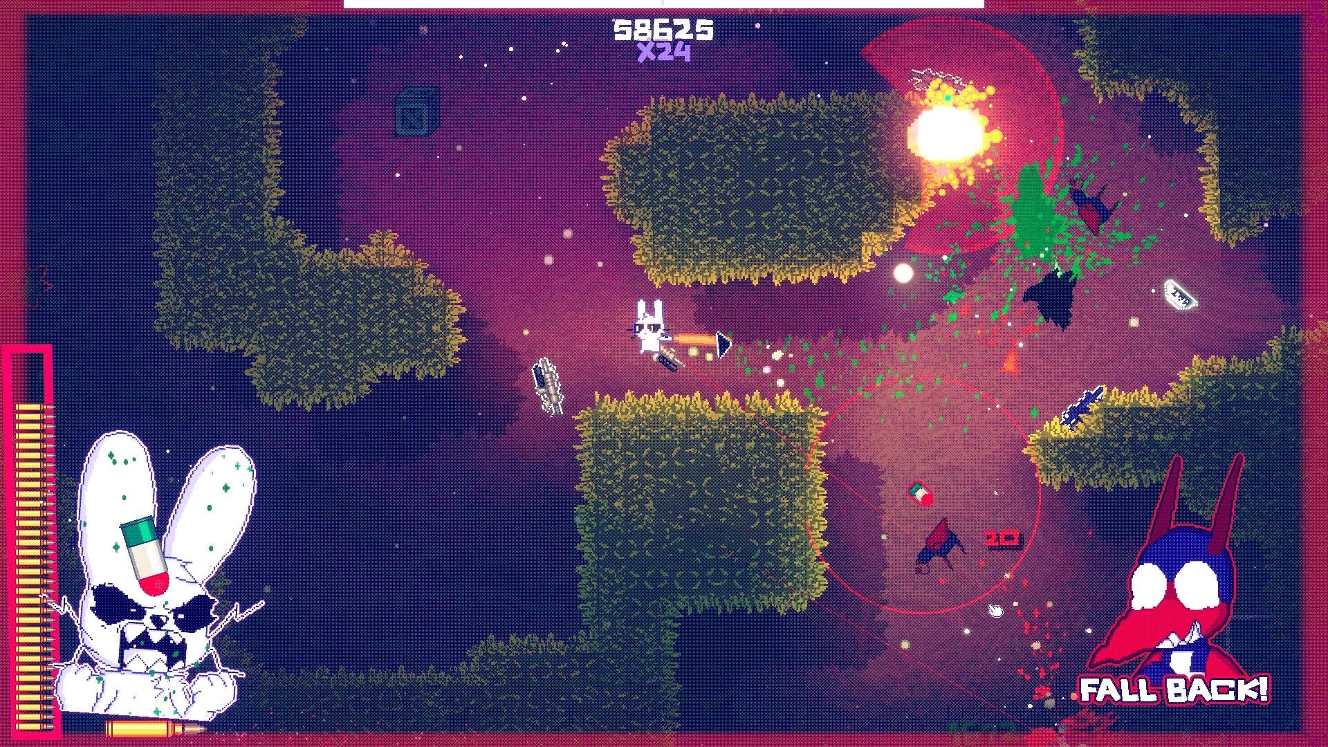 JENNY: Twin-stick firefight with explosions and green splatter in hedge maze, score and FALL BACK! UI.