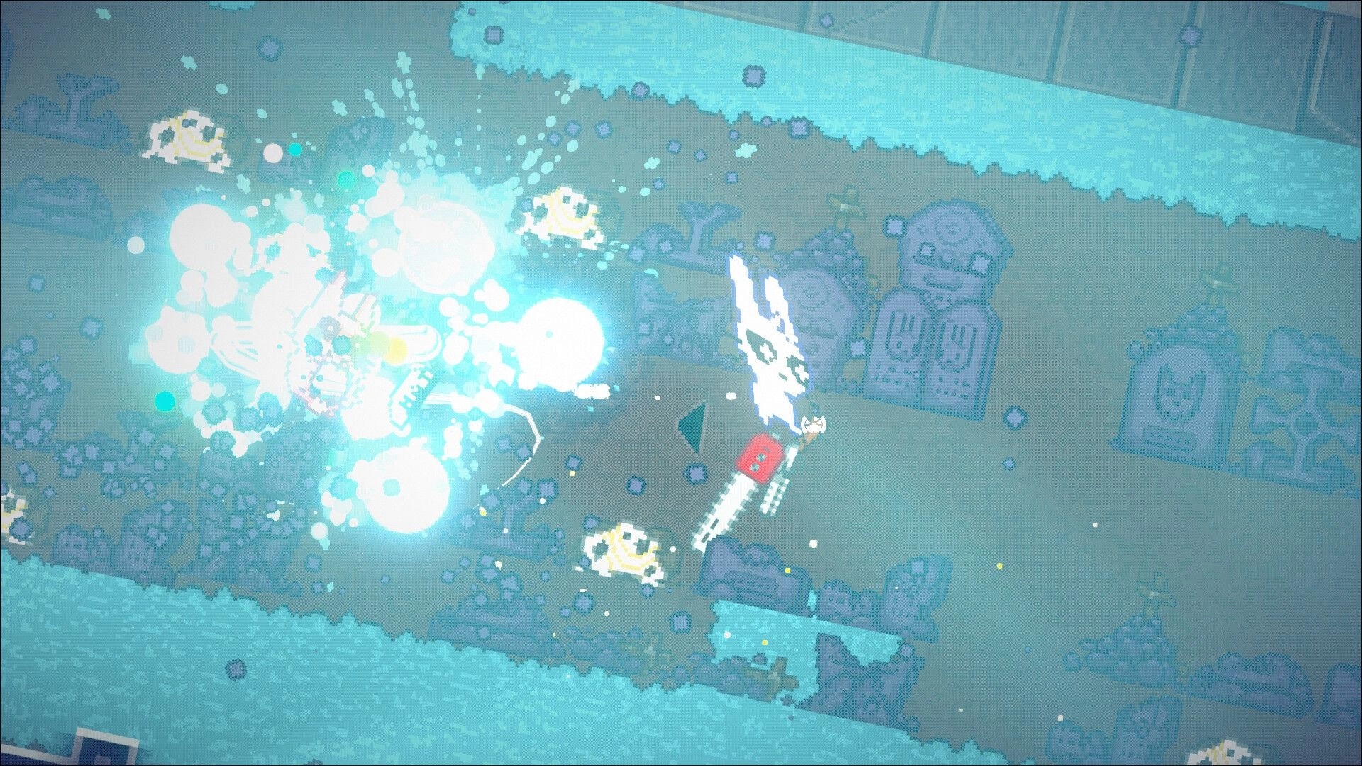 JENNY: Player fires a bright explosive blast in a graveyard arena with tombstones and foes nearby.