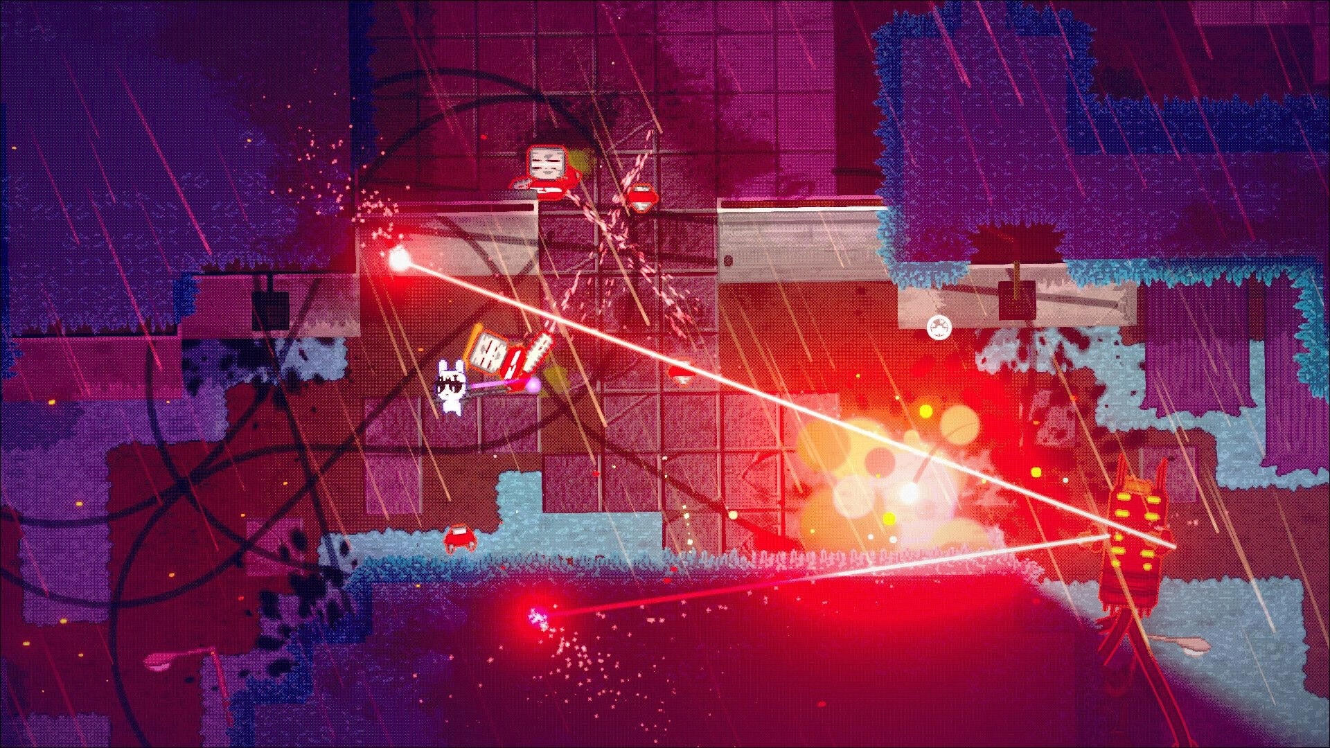 JENNY: Top-down shootout with red laser beams and explosions on rainy platforms amid trees and walls.